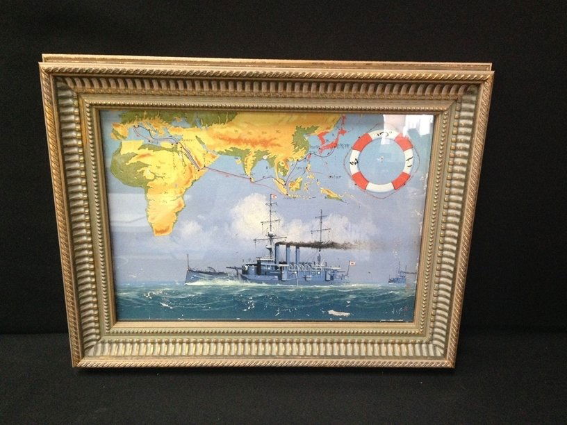 Japanese War Ship Oil Painting With Map.: Next on the block we have a painted war ship scene with a map of of their route painted in background. It is signed in the bottom right. It has some wear to the paint as seen in photos....not that oft