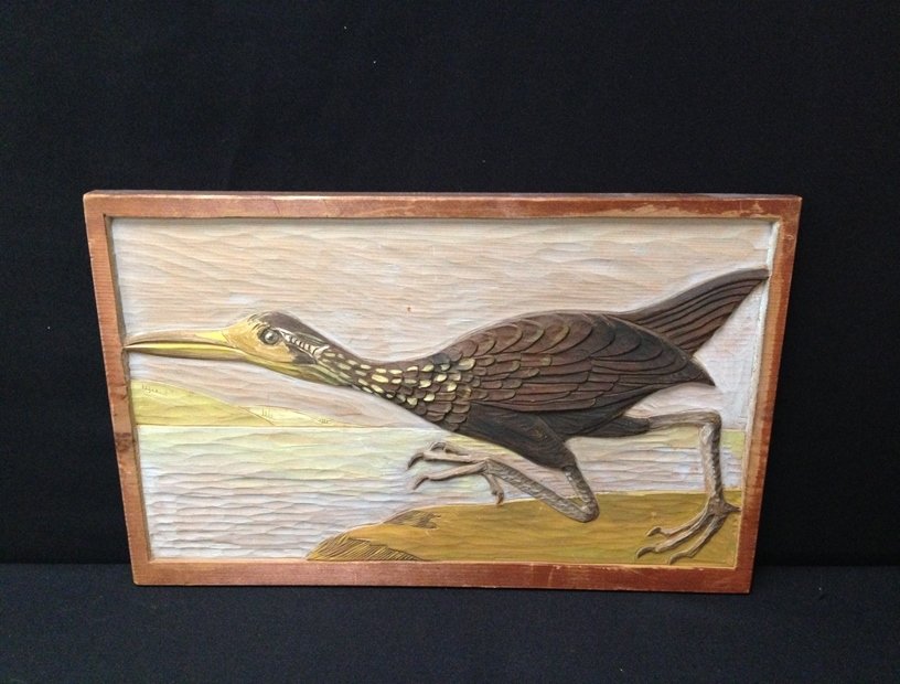Wood Carved Wall hanging 'The Limpkin'.: Dated 1981 and signed by the artist on the back, this beautifully hand carved and colored original artwork is perfect for the Audubon enthusiast. The deeply carved piece is titled 'The Limpkin' and me