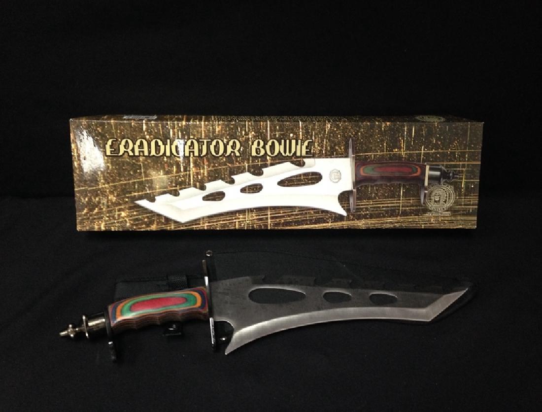 Eradicator Bowie Knife By Chipaway Cutlery: Eradicator Hunting Bowie Knife - By Chipaway Cutlery. With Colored Wood Handle And Nickel Plated Guard And End. This Blade Comes With Nylon Sheath. Measurements are: 18 1/4" Overall Length, 11 3/4" Bl
