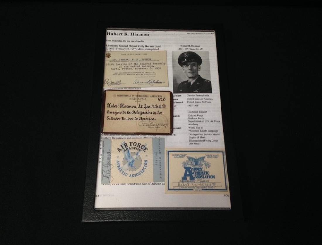 WWII Vet Lt. General Hubert Harmon Ephemera: This wonderful looking display box has 4 pieces of Ephemera From WWII veteran LT. General Hubert R. Harmon. As well as a printout of his history. This distinguished veteran served from 1915-1956. His