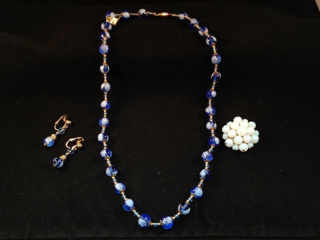 Murano Glass Bead GF Necklace/Earrings Set. Pin.: We are pleased to offer this gorgeous vintage Murano Venetian Glass Beaded Necklace and Earring set in 14K gold filled metal. The necklace has cobalt blue glass hand painted beads and gold filled seed