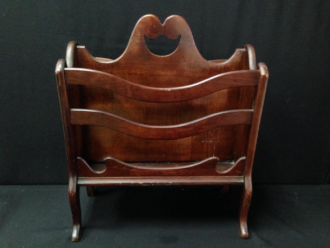 Vintage Solid Wood Magazine Rack.: Next on the block we have a solid wood Magazine Rack that is approx. 22" tall 18" wide and 11" deep. Some wear to the finish and some nicks. Sits solid with no wobble.