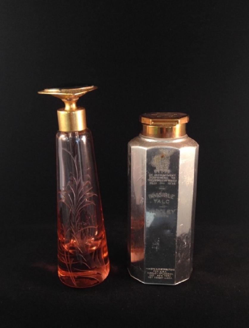 'YARDELY' Invisible Talc Tin and Art Deco: Perfume Bottle. Add a 'touch of class' to your vanity or display in your powder room. These vintage pieces are meant to be admired. The vintage mens Talcum Powder by Yardley tin is 10 sided with a bro