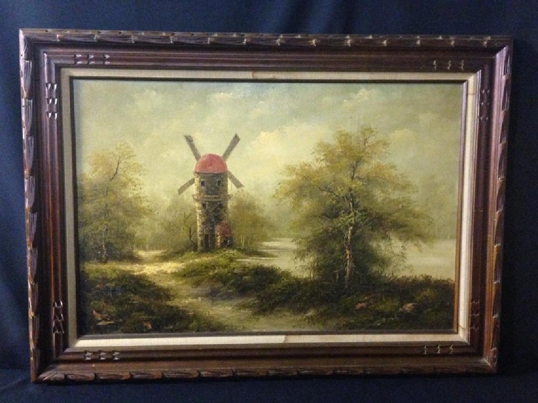 Antique Oil Painting Landscape with Windmill.: We are pleased to offer this antique oil on canvas painting, circa late 19th century. The painting combines the starkness of the lone structure, the stone windmill with red roof, with the beauty of an