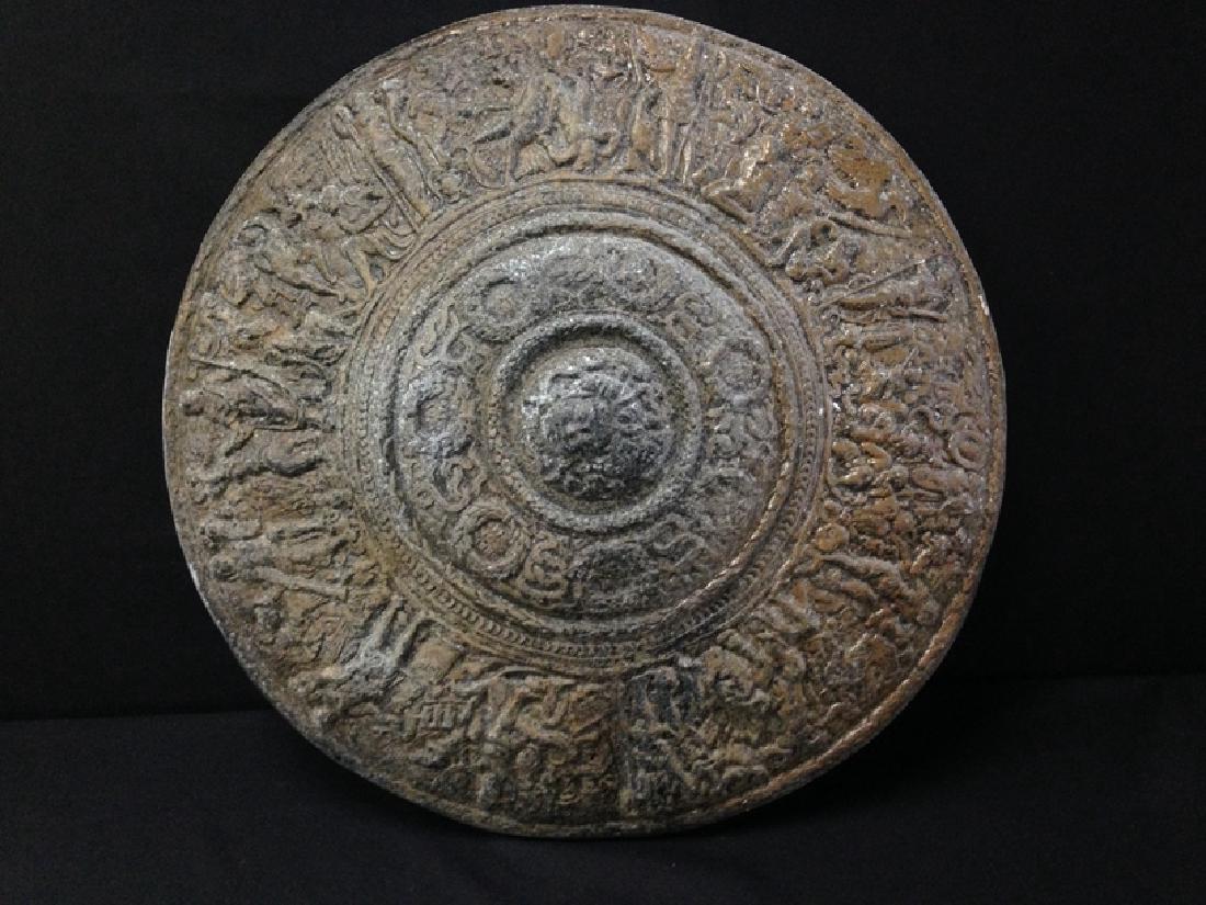 Metal Shield/ Wall Hanging Greek theme: Large decorative wall art shield measures approximately 24" across and depicts many different scenes of subject in the artwork...see pics NOTE: The shield is heavy and the weight should be considered 