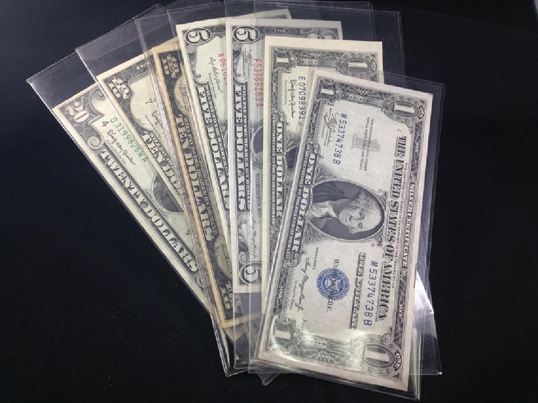 Lot of Vintage Currency see description: (2) 1935 Blue Seal Silver Certificates Crisp/nice bills (one could be called off center error cut). (1) Red Seal 1928 c Five Dollar Note-well preserved crisp, (1) 1953 Red Seal Five Dollar Note-Crisp