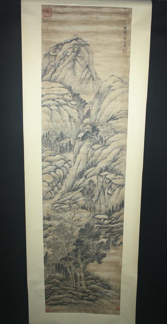 Chinese Scroll Painting: Chinese scroll painting, ink color on paper, depicting mountain and landscape, attribute to wang Meng (1308-1385). L: 168 cm, W: 44 cm.