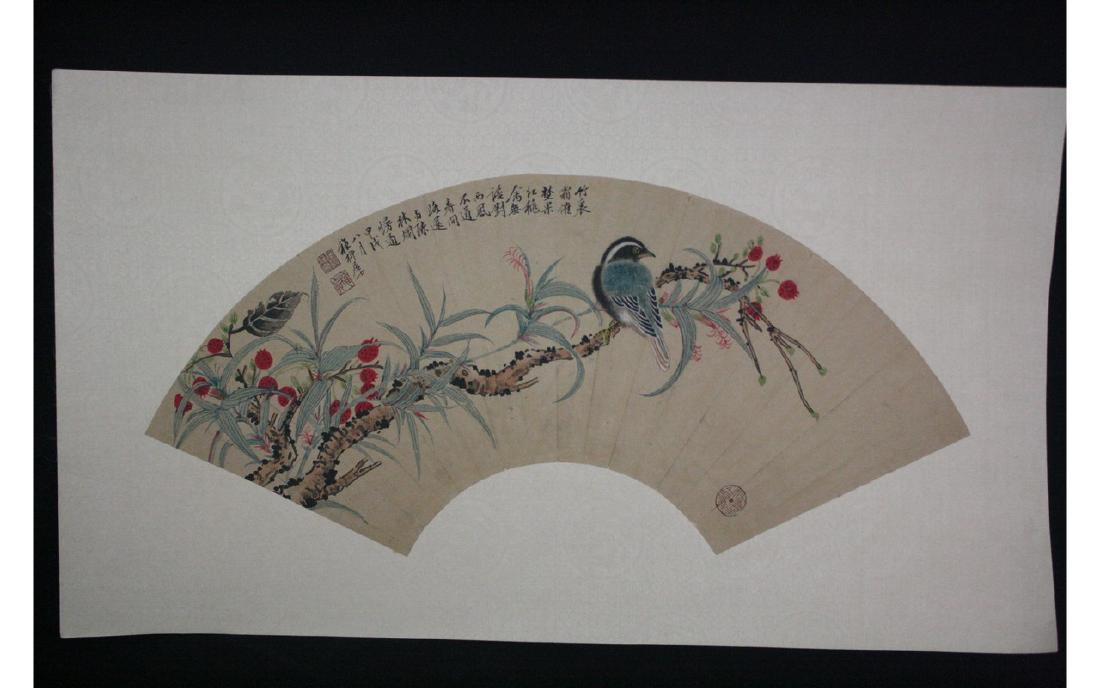 Chinese Fan Shape Painting: Chinese fan shape painting, ink and color on paper, signed Xie Zhi Liu (1910-1997); featuring an bird surmonunted on a tree branch, the top with a short poem and seals. L: 54 cm, W: 19 cm.