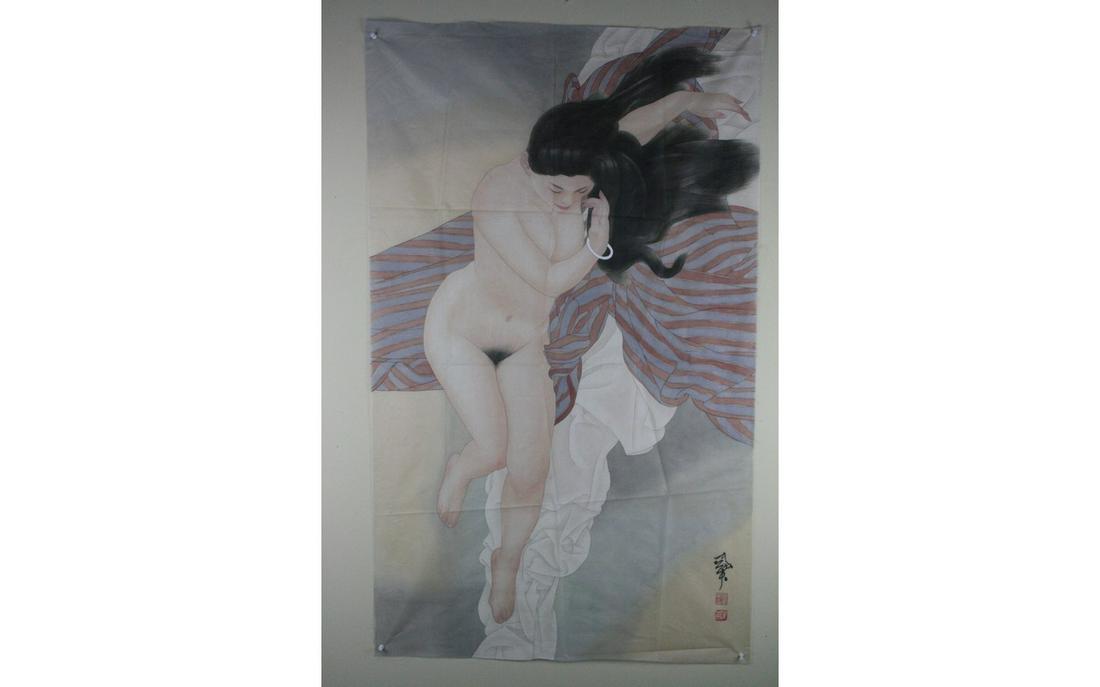 Chinese Painting: Chinese paintings, ink and color on paper; signed He Jia Ying (1957 -); featuring a female figure; the left with a colophon and seals.. L: 103 cm, W: 63 cm