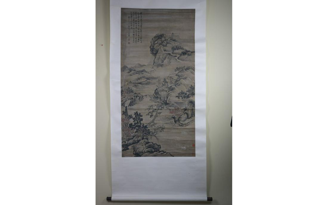 Chinese Scroll Painting: Chinese scroll painting, ink color on paper, signed Wang Hui (1632-1717); depicting mountain and landscape; the top with poem and seal; L: 132 cm, W: 66 cm
