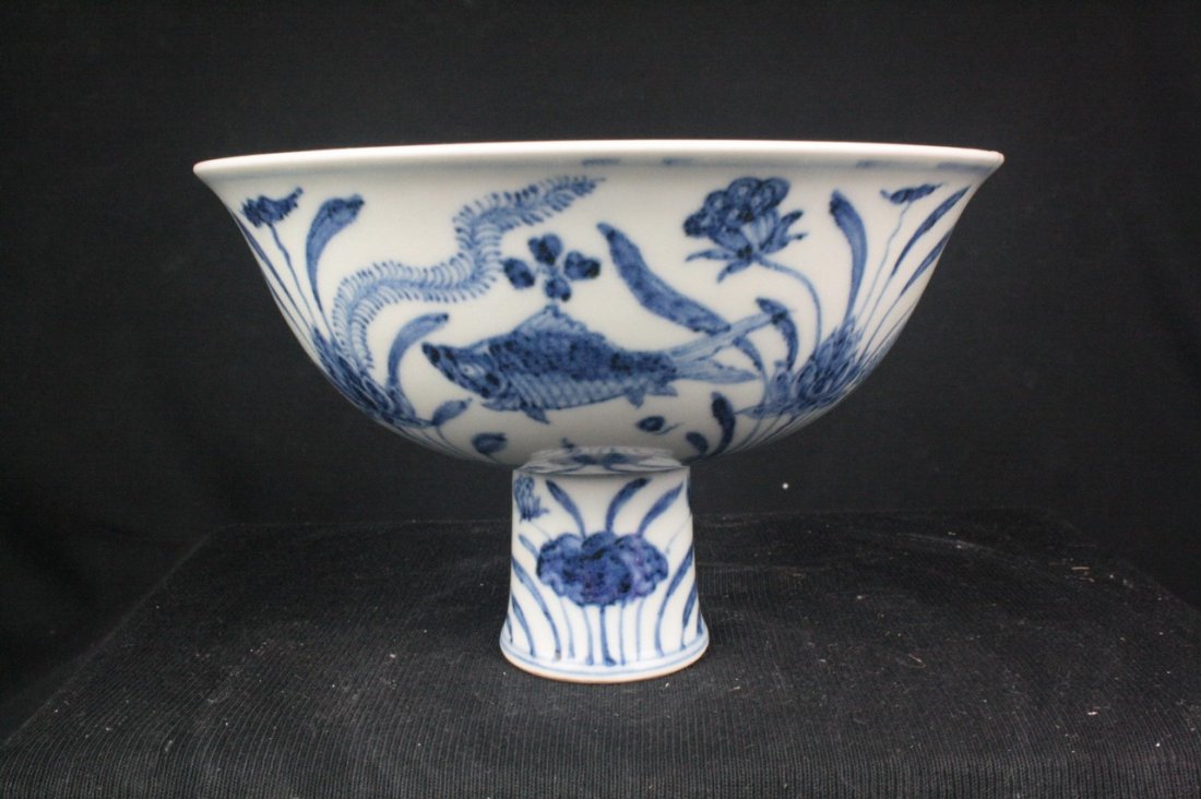 Chinese Blue and White Porcelain Stem Cup (1 of 7)