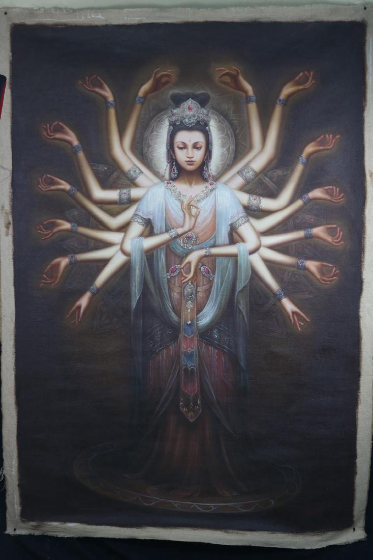 Zheng Hao Oil On Canvas 2005: Thousand hand Guan Yin; oil on canvas; signed Zeng Hao on lower right; Zeng Hao, born in the late 1970s in Sichuan, is currently the vice president of the Chinese Buddhist Artists Association presiden