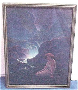 Maxfield Parrish MOONLIGHT Framed Art Print: Maxfield Parrish MOONLIGHT framed print. Frame shows light wear. Back has been recovered, with original sticker Goodwins Art Gallery, Kansas City, Missouri. Frame is trimmed with blue. It's outside me