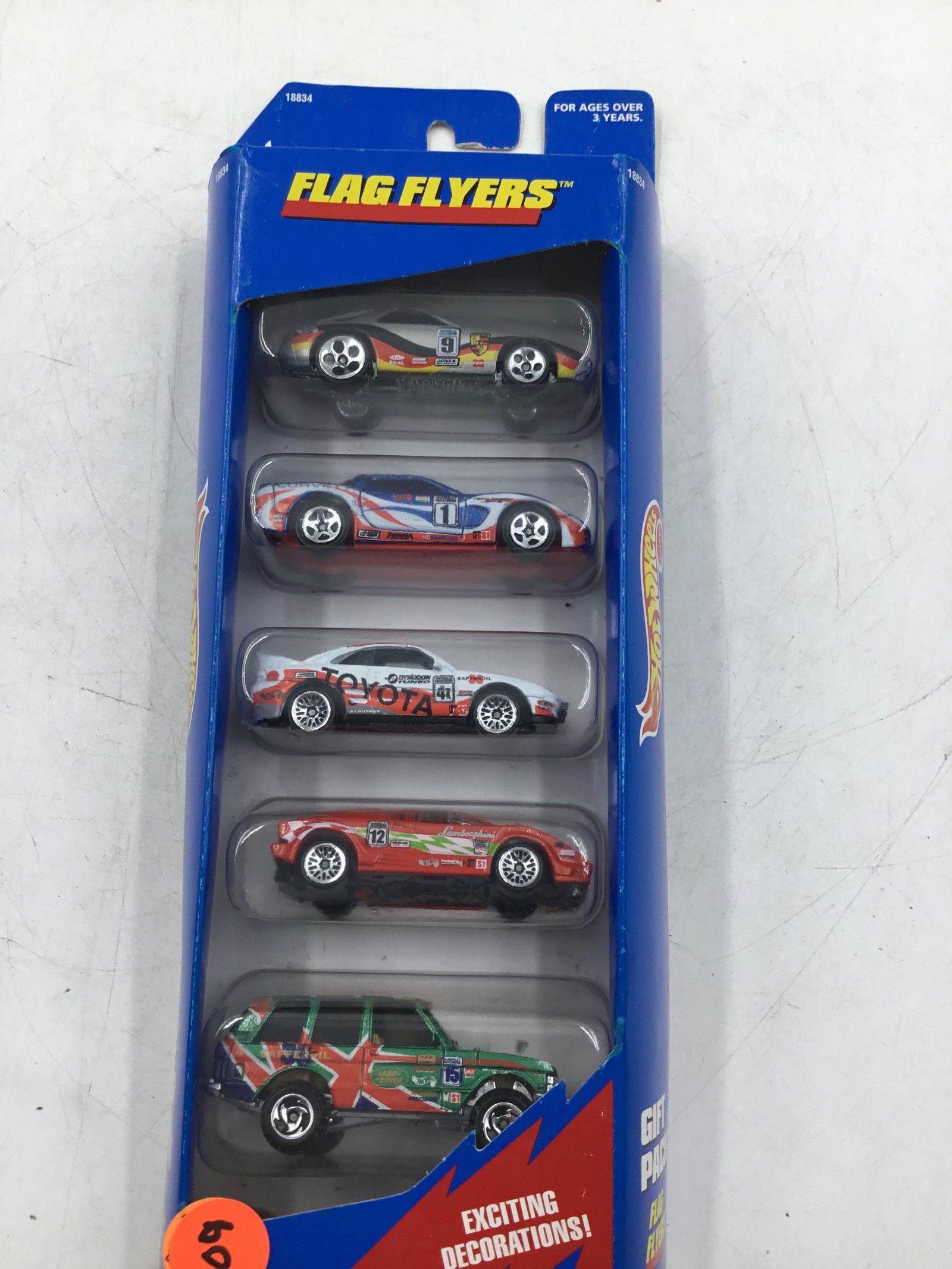 1998 Hot Wheels #18834 Flag Flyers Set: 1998 Hot Wheels #18834 Flag Flyers Set each car represents a different country Porsche 928 Germany, 97 Corvette USA, Toyota MR2 Rally Japan, Lamborghini Countast Italy, and Range Rover United Kingdom