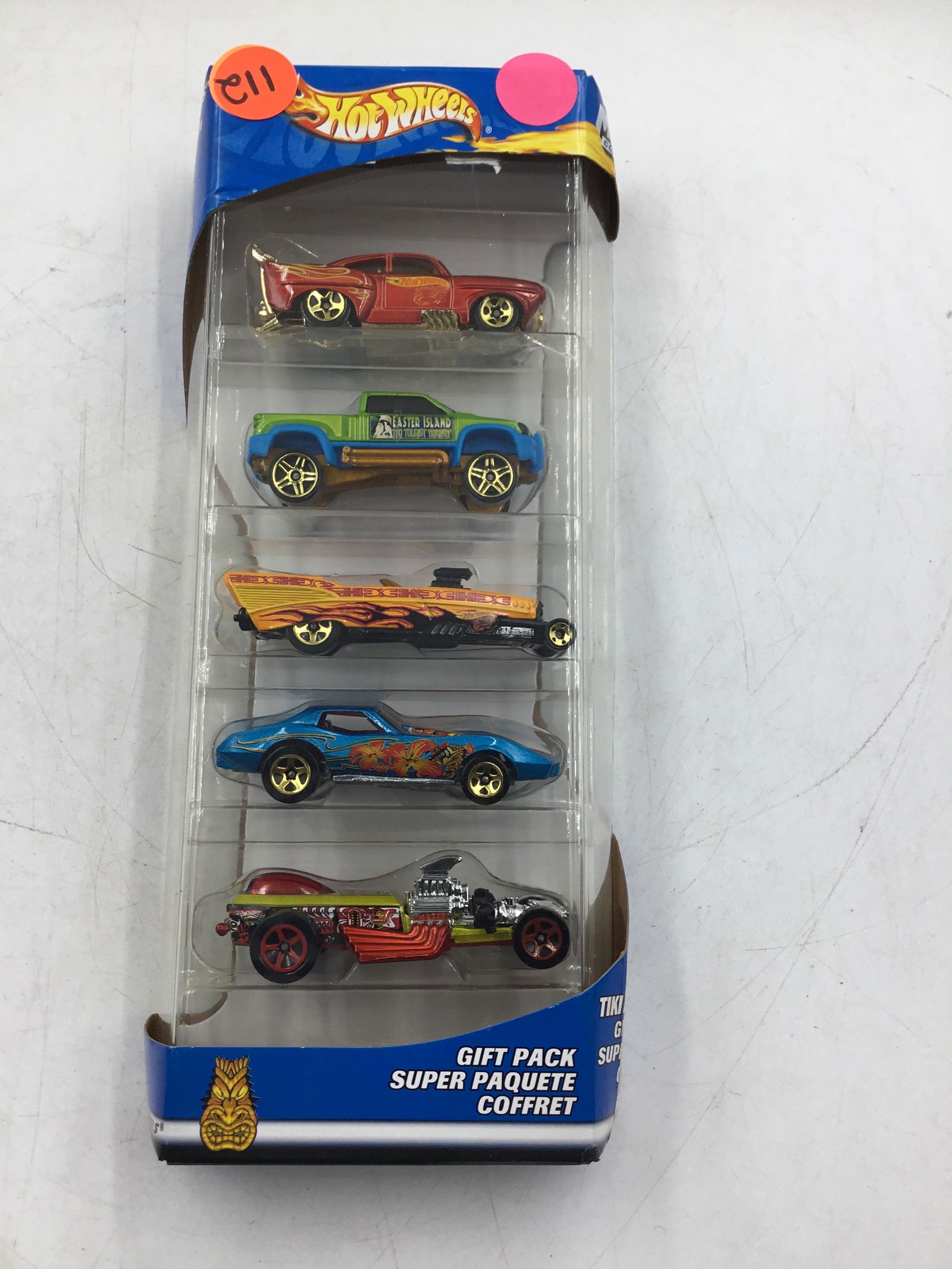 2003 Hot Wheels #57048 Tiki Blasters Set: 2003 Hot Wheels #57048 Tiki Blasters Set includes Super Paquettcorent, Jaded, Mega-Duty, 57 Roadster, Chevy Corvette, and Rigor Motor