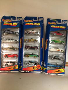 Set of 3 Hot Wheels Motorion Show Cars 5 Packs: Set of 3 Hot Wheels Motorion Show Cars 5 Packs a Hot Wheels trifecta five car gift packs including 1999 Show Biz featuring the Ferrari 250 in Ferrari red very hard to find 2000 Sports Star featuring D