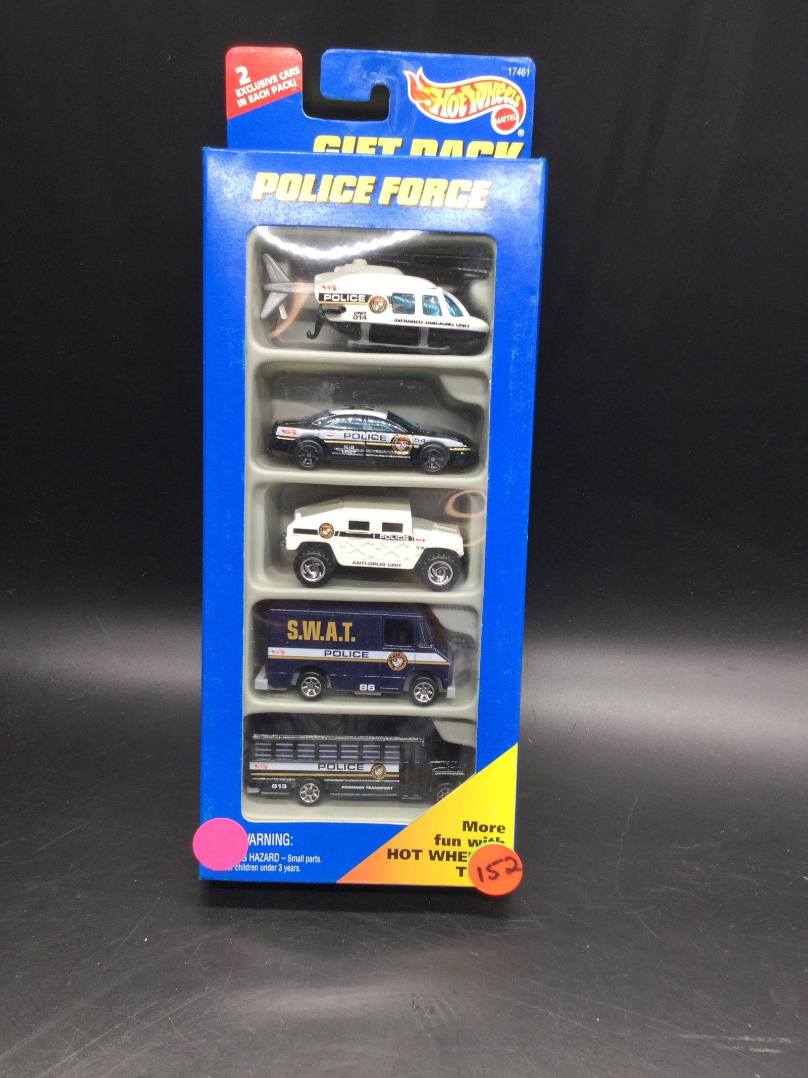 1997 Hot Wheels #17461 Police Force: 1997 Hot Wheels #17461 Police Force gift pack with two exclusive cars in the five pack this it has seven spoke wheel variations on the swat delivery van and the prisoner transport school bus. Includin