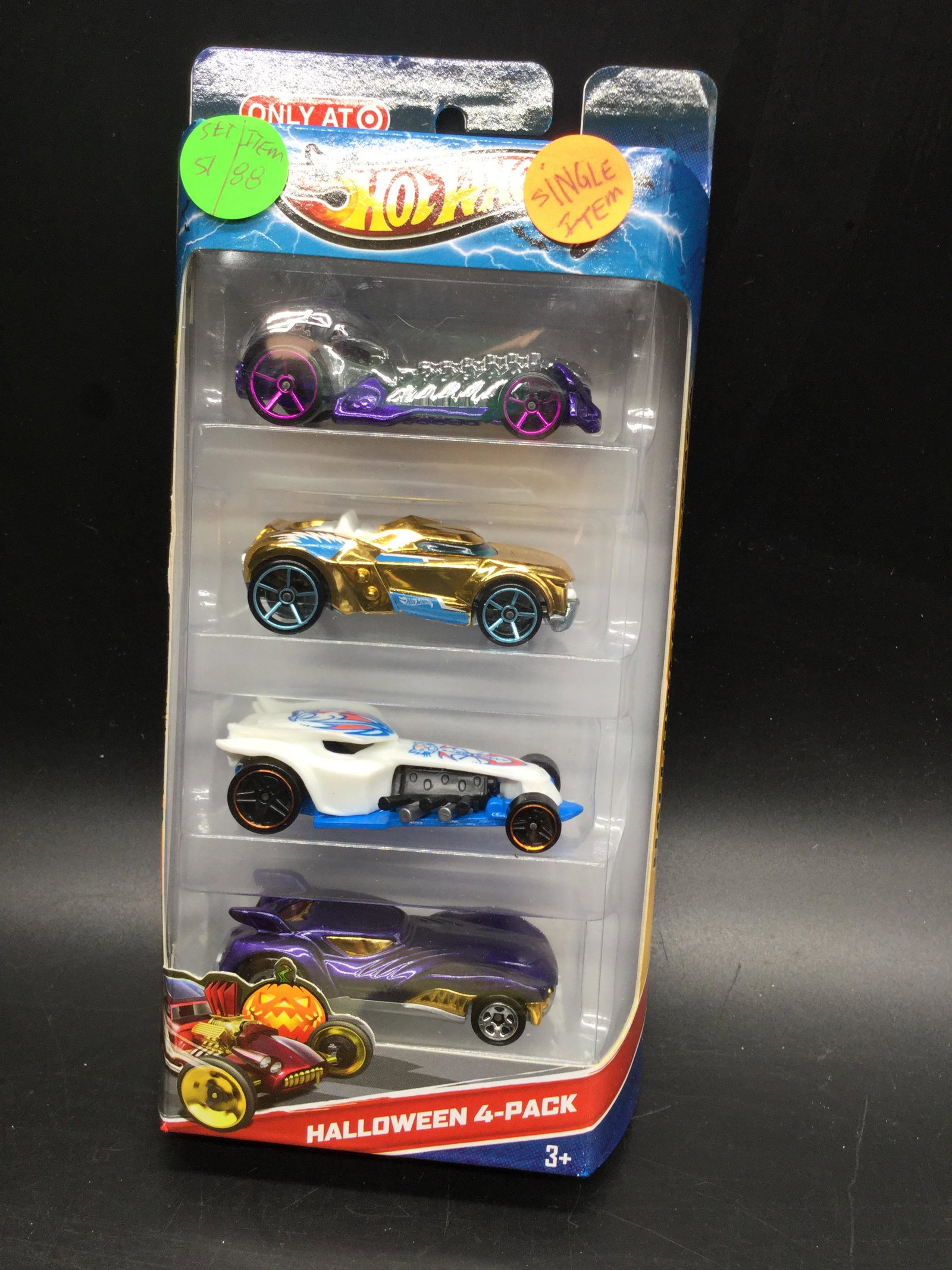 2013 Hot Wheels Halloween 4 pack target exclusive: #BCW14 is a hot wheels single set A target exclusive and very hard to find four pack from 2013 includes Skull Crusher, Growl, Howlin Heat, and Bad Ratitude