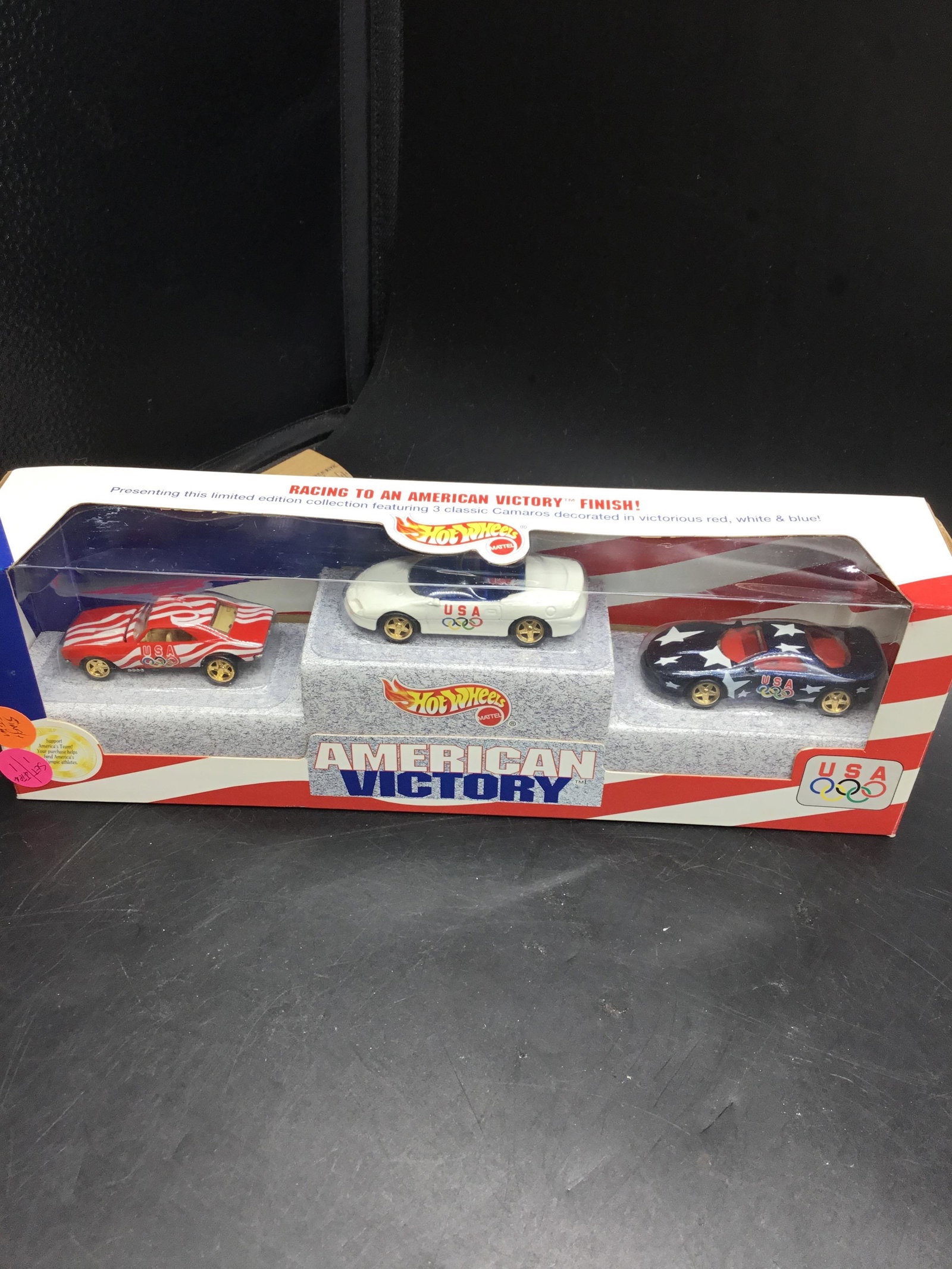 1996 Hot Wheels #15746 American Victory set: This set of three Camaros commemorates the 1996 Olympics. It’s limited addition and decked out in red white and blue. Include red 67 Camaro white 95 Camaro convertible and blue 93 Camaro coupe