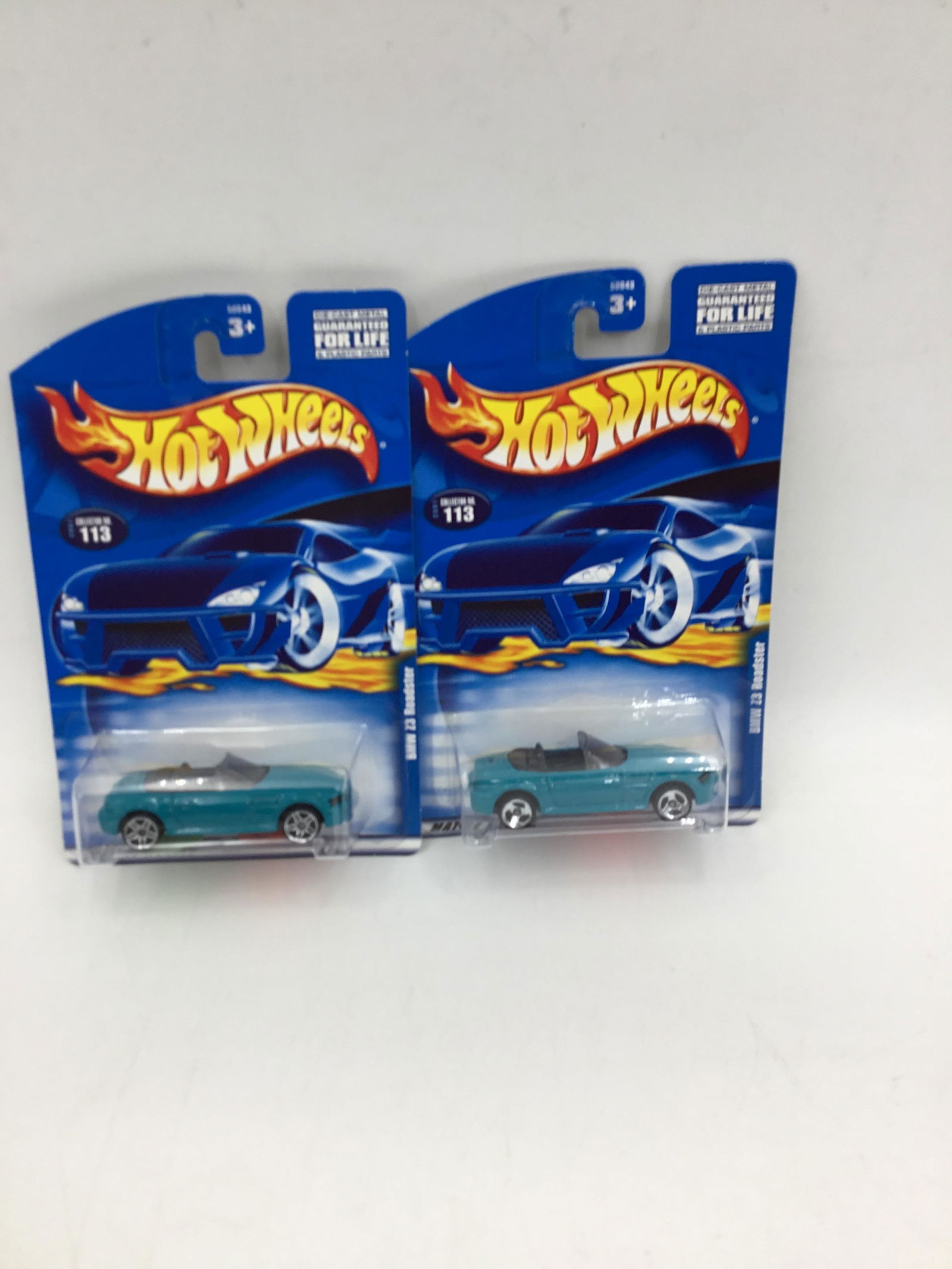 Set of two 2001 Hot Wheels #113 BMW Z3 Roadster: Set of two 2001 Hot Wheels #113 BMW Z3 Roadster the first one has PR 5 wheel variation and the second has 3 spoke wheel variation.