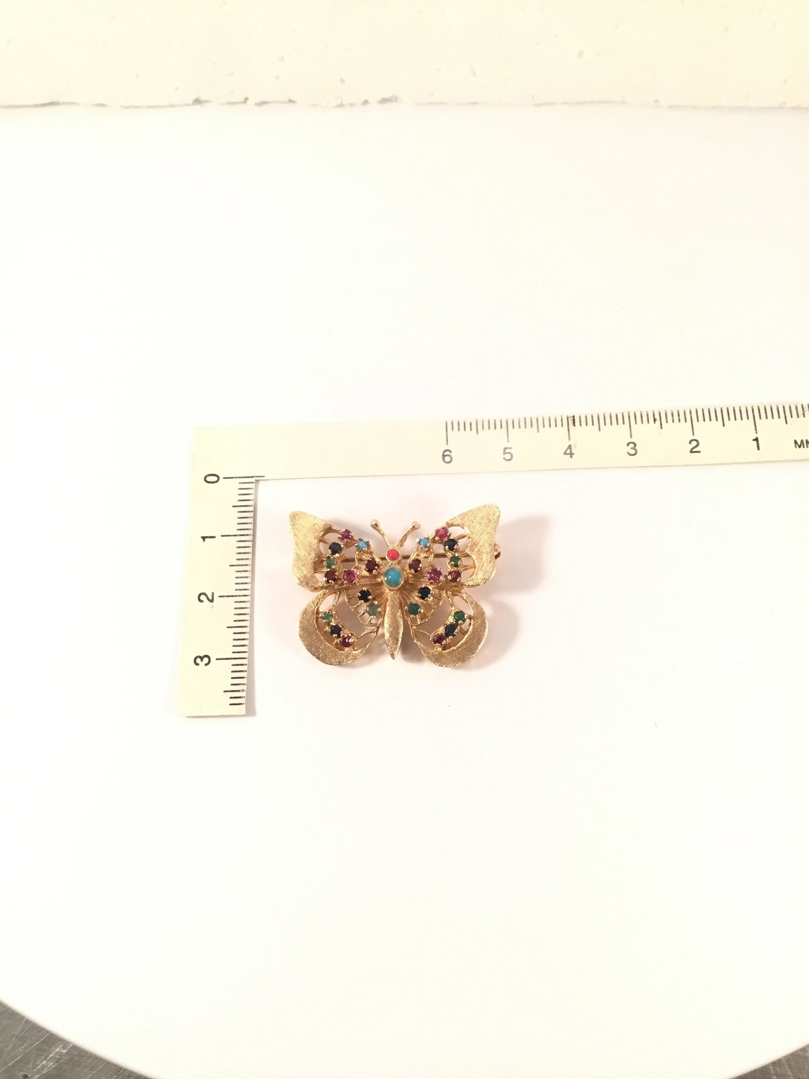 14kt Butterfly pin with multi colored stones: 3/4 “ X 3/4 “ gold butterfly pin #220151