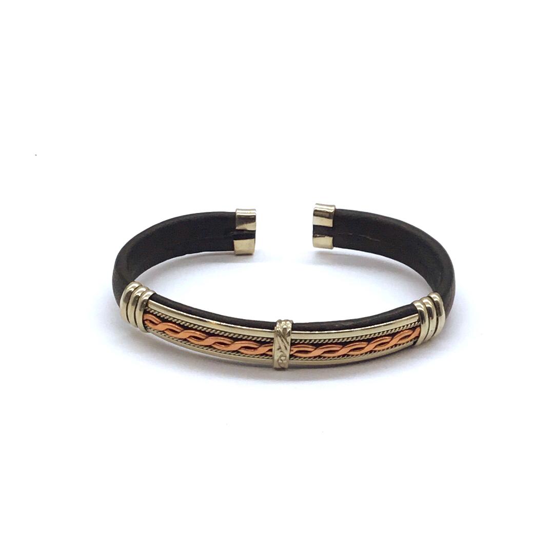 Black leather bracelet cuff with copper and brass (1 of 3)