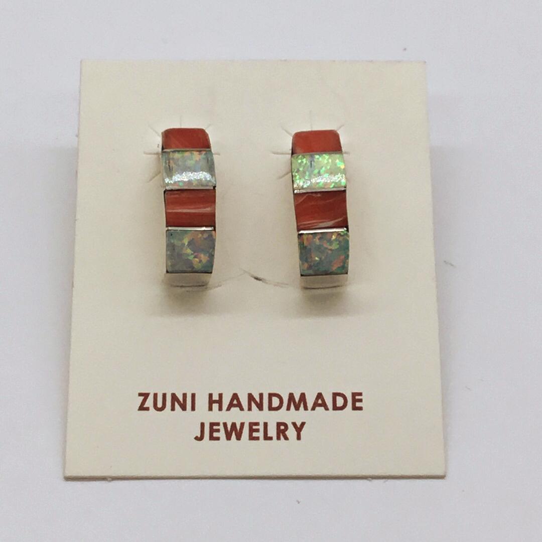 Zuni handcrafted earrings with opal & coral inlay (1 of 3)
