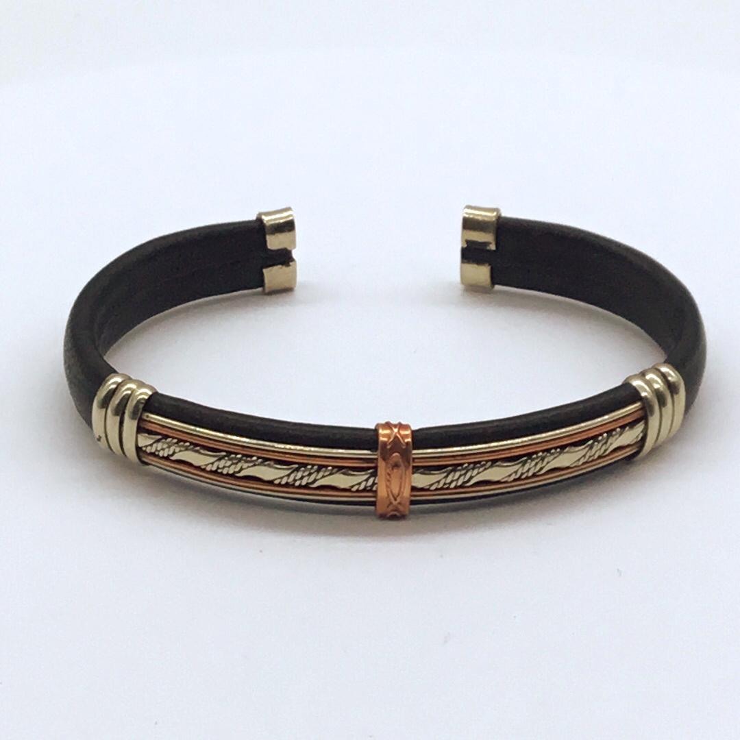 Black leather cuff bracelet with copper and brass (1 of 3)