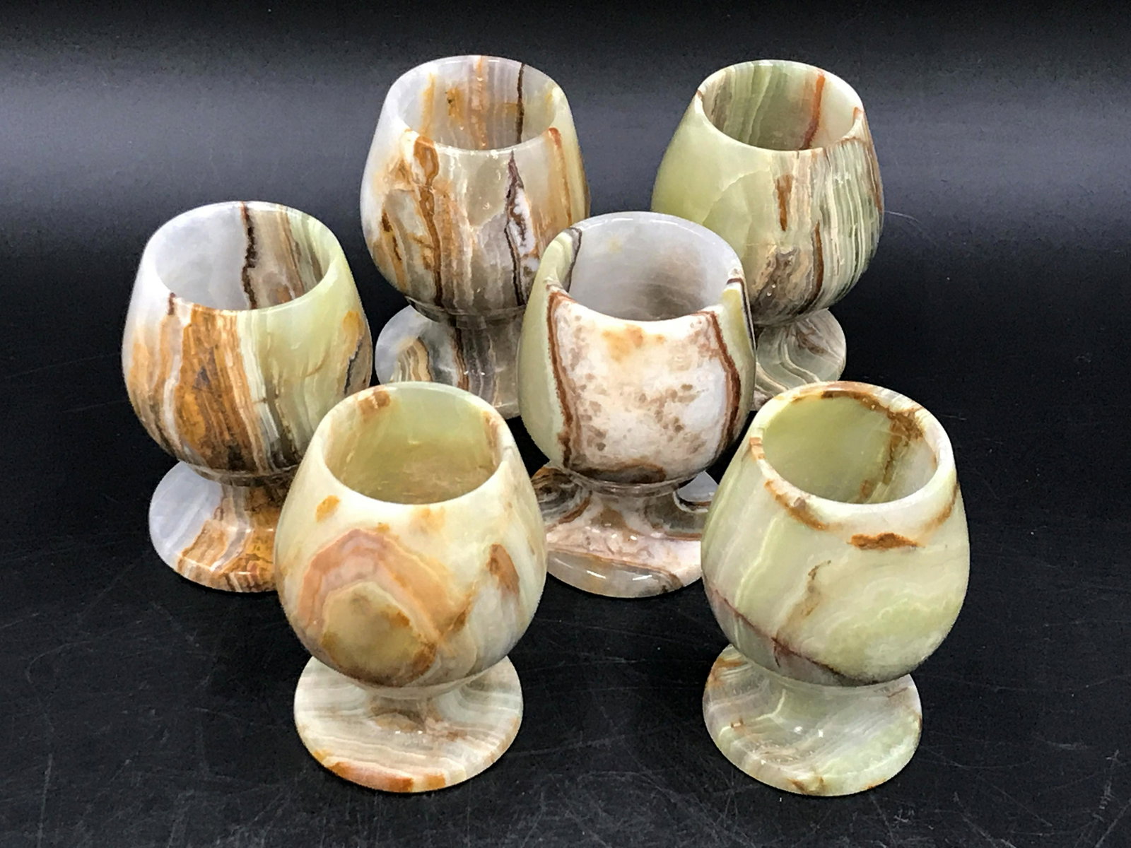 Onyx, Rock, Crystal, Natural, Decor, Collectible, Cup: 6 piece onyx (banded calcite) goblet set. Pakistan