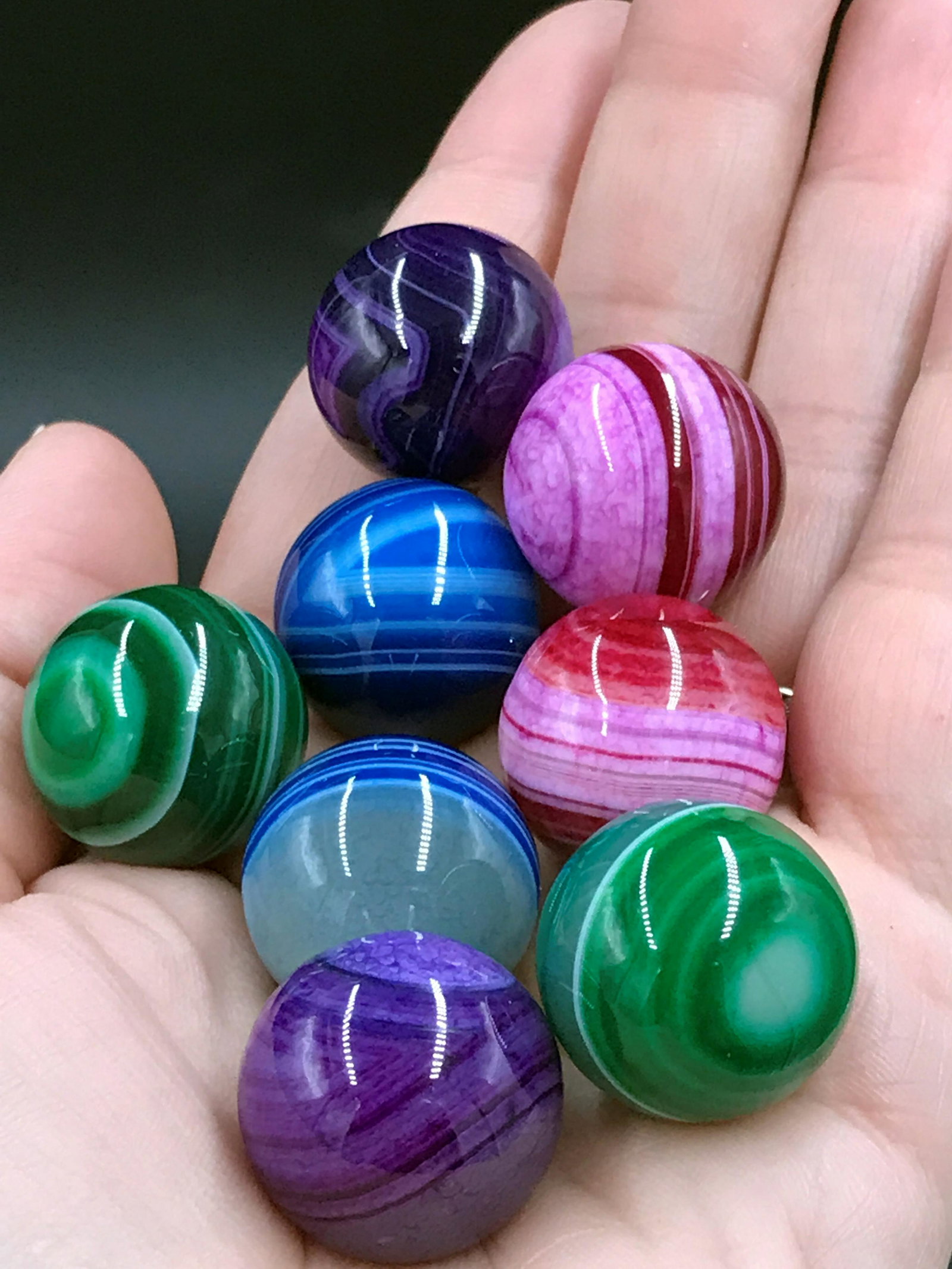 Agate, Rock, Crystal, Collectible, Toy, Sphere, Marble: 8 dyed agate marbles. Brazil