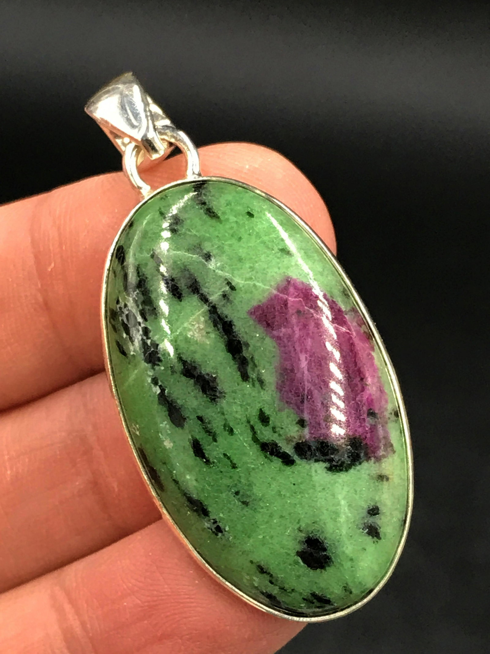 Ruby Zoisite, Rock, Crystal, Natural, Jewelry, Sterling: Ruby zoisite in sterling silver pendant. Fluorescent red