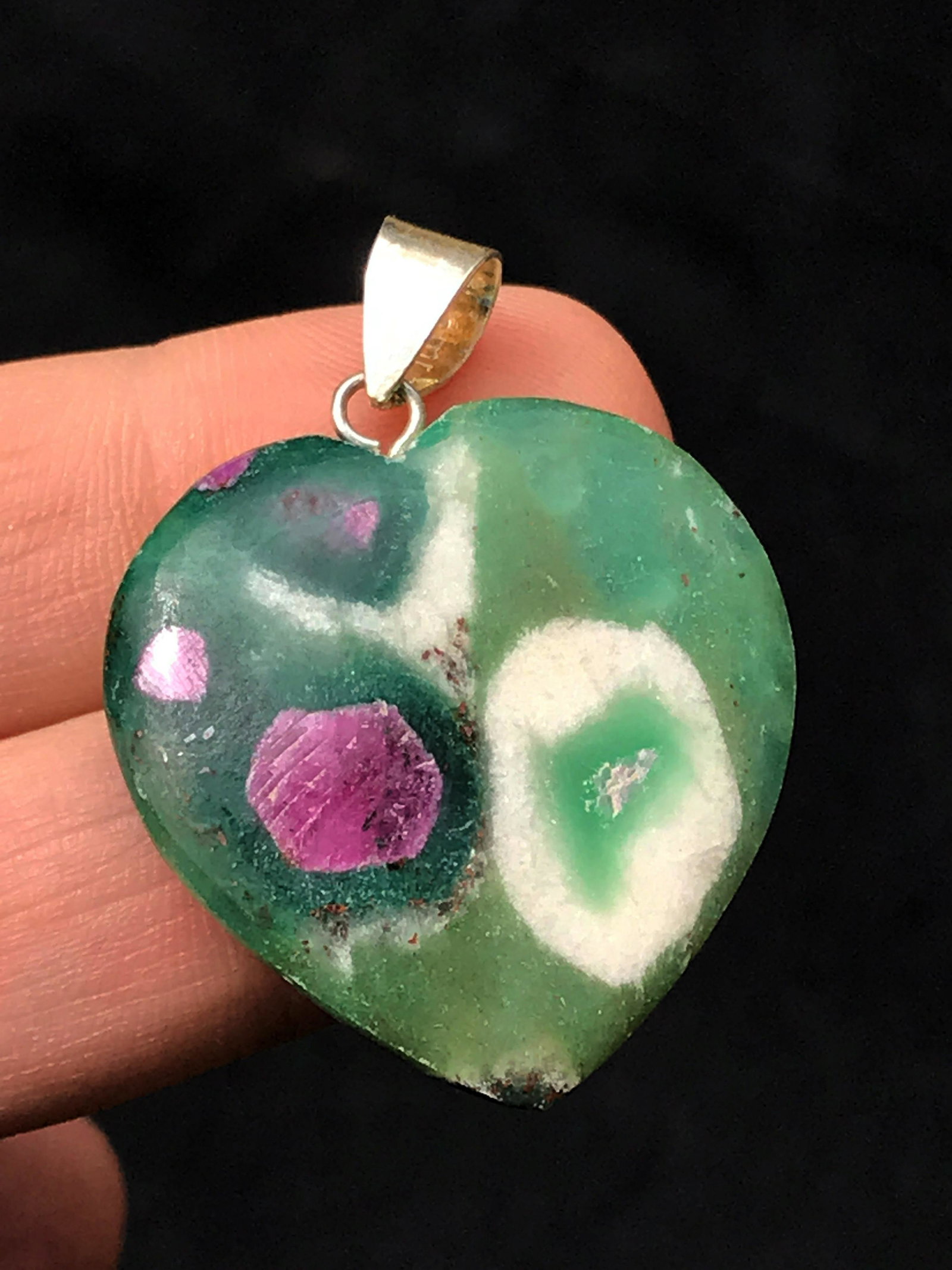 Ruby fuschite, Rock, Natural, Jewelry, Fluorescent,: Ruby fuschite heart pendant with sterling silver bale. India