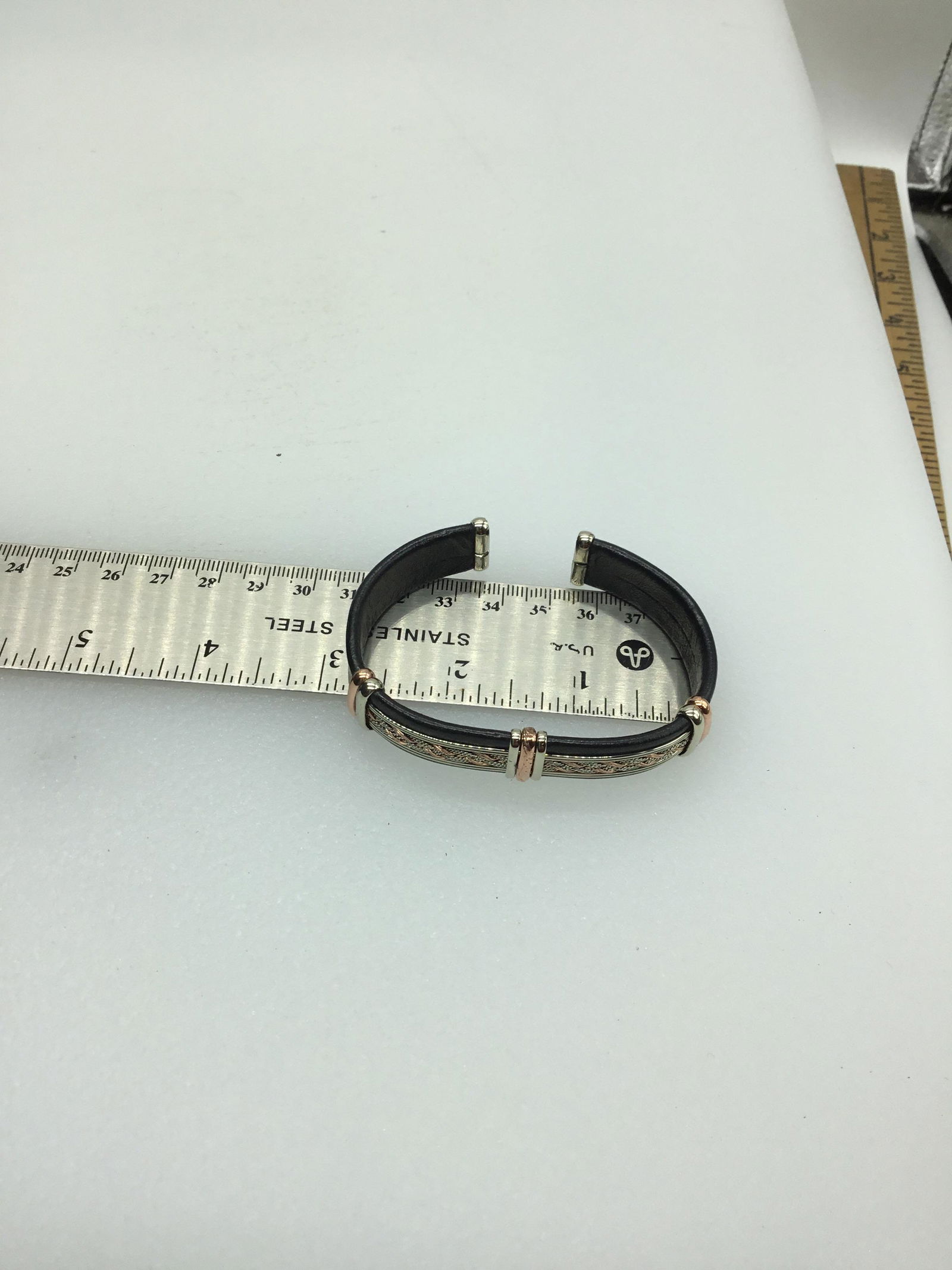 Black leather cuff with copper and brass braids (1 of 3)