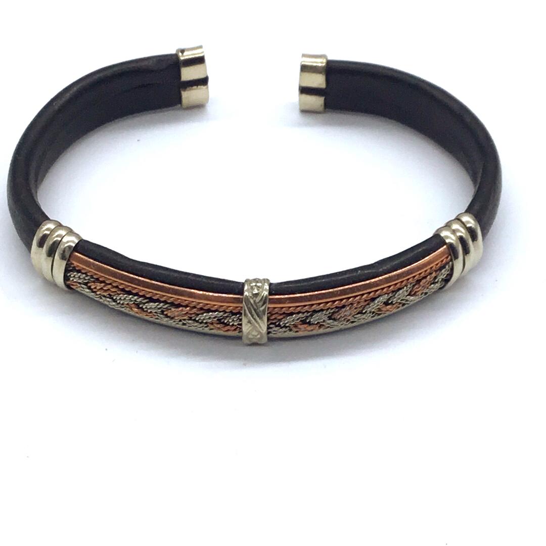 Black leather cuff with braided copper and brass (1 of 3)