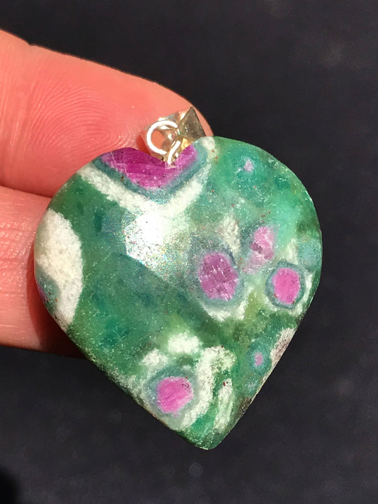 Rock, Crystal, Natural, Jewelry, Sterling, Ruby, Heart: Ruby fuchsite heart pendant. Sterling silver bale. Fluorescent