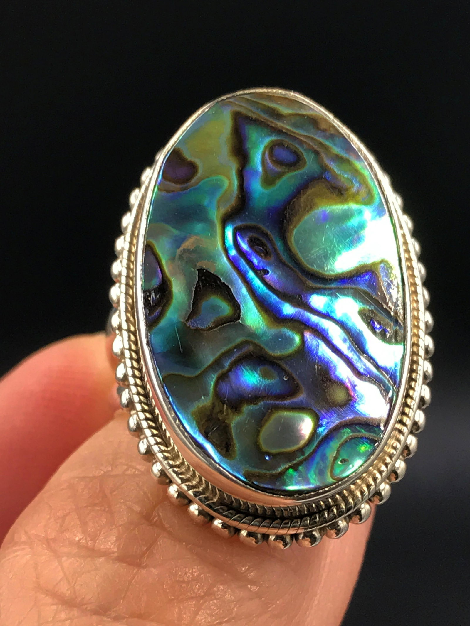 Abalone, Shell, Natural, Jewelry, Sterling: Paua abalone in sterling silver ring. Size