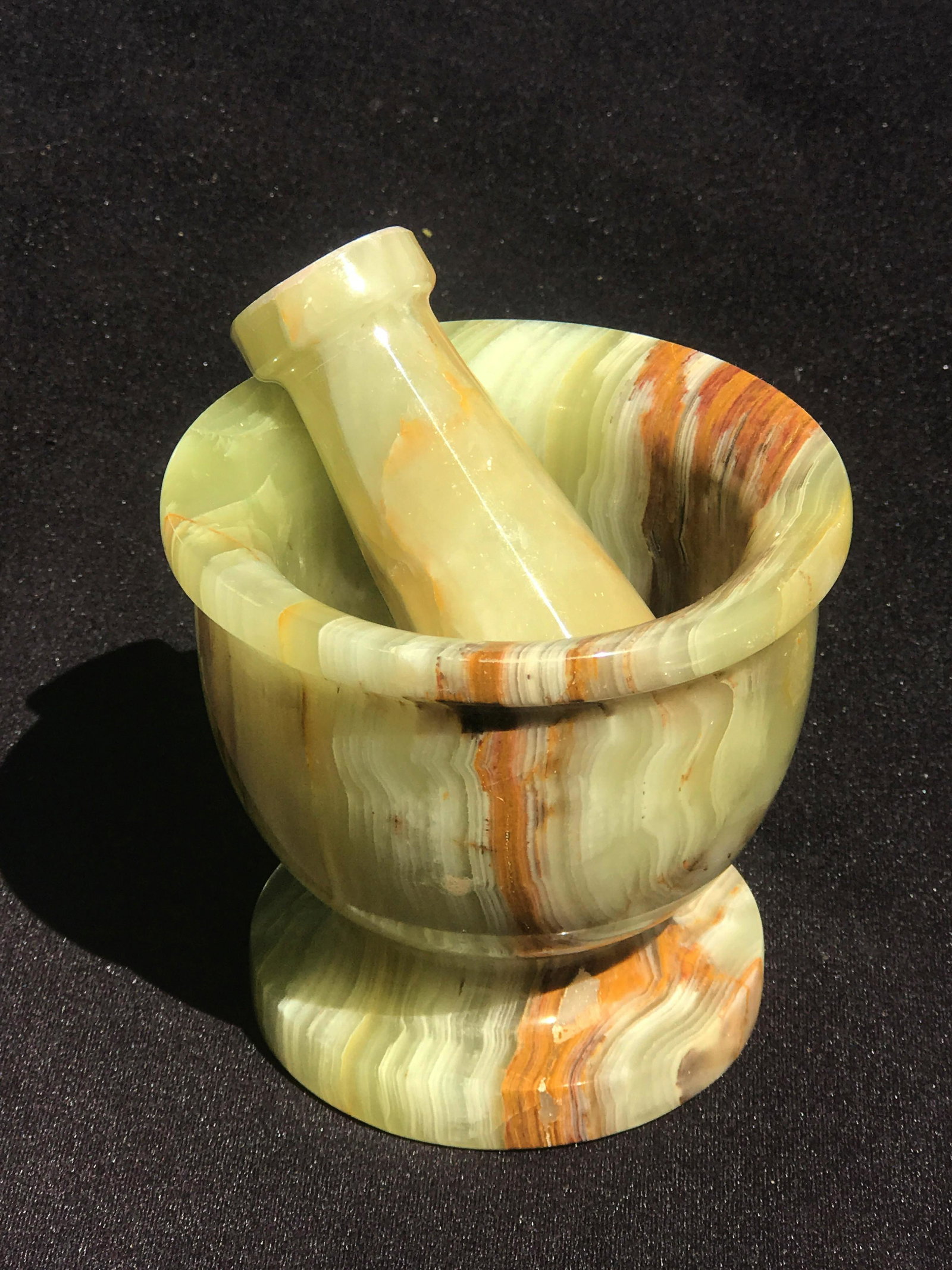 Rock, Crystal, Natural, Decor, Collectible, Mortar,: 4" onyx, banded calcite, mortar & pestle. Pakistan