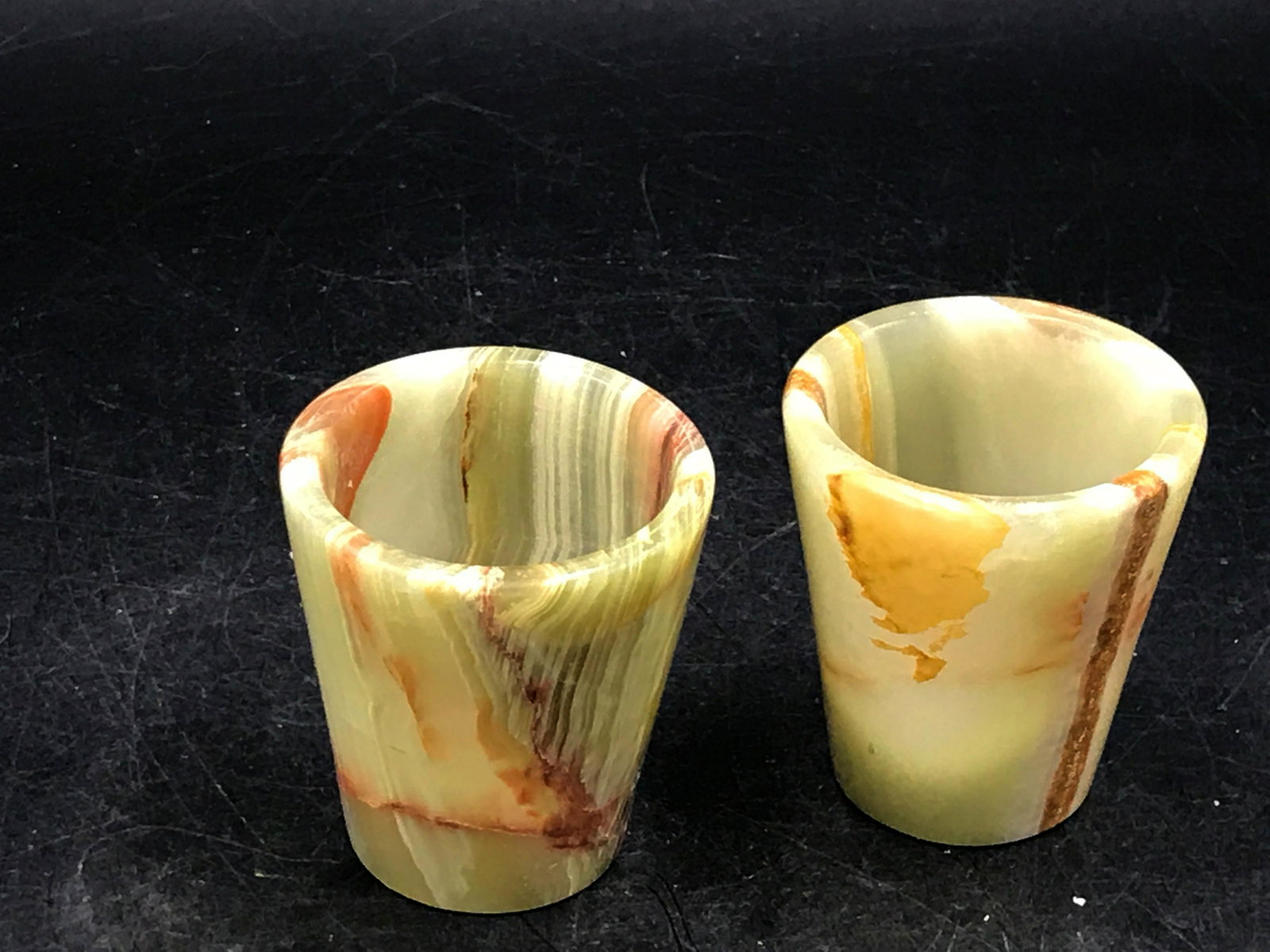 Onyx, Rock, Crystal, Natural, Decor, Collectible, Glass: Set of 2 onyx (banded calcite) shot glasses. Pakistan