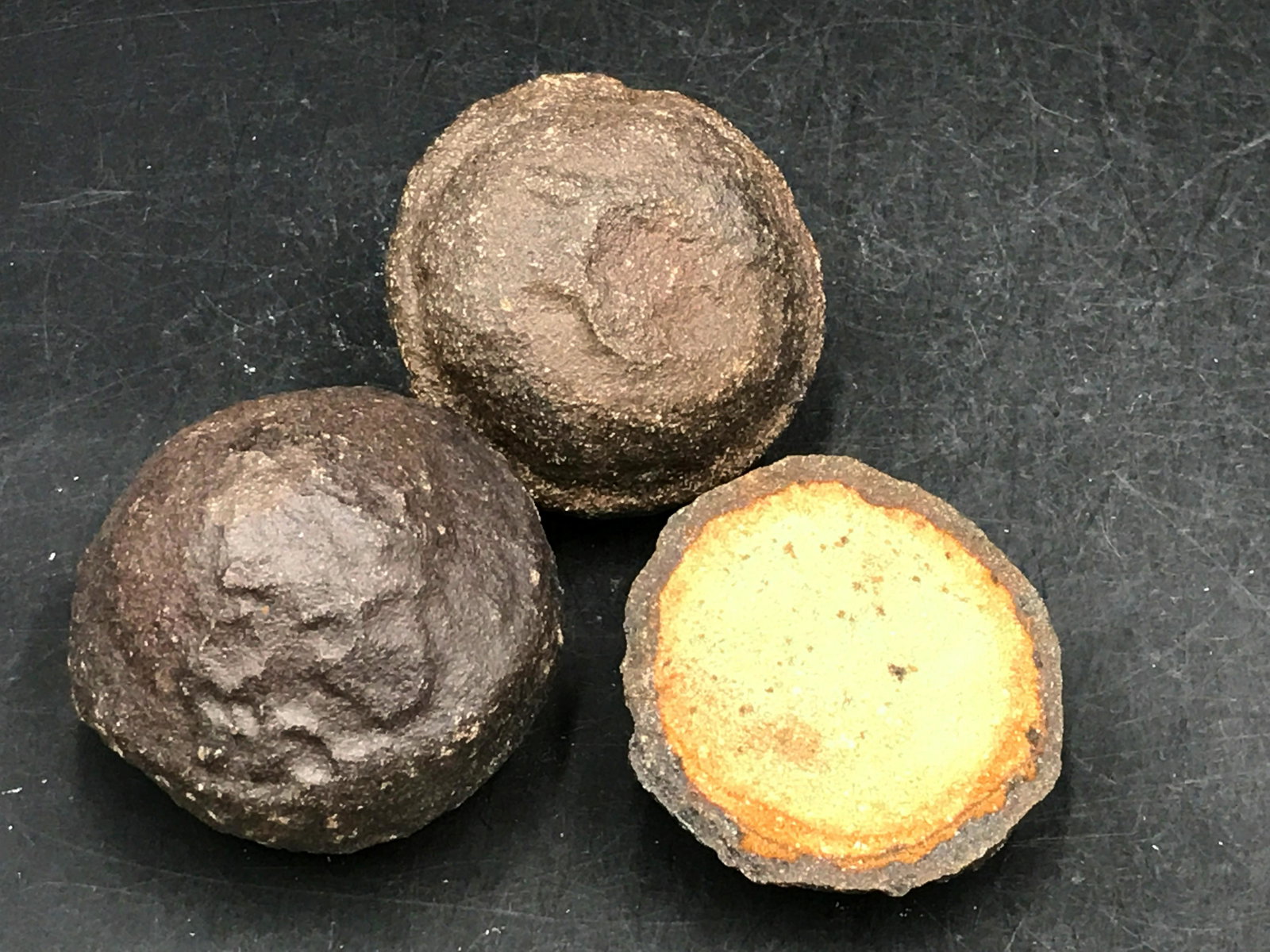 Moqui, Iron, Rock, Crystal, Natural, Collectible,: 2 whole and 1 half moqui marbles (iron concretions) Utah