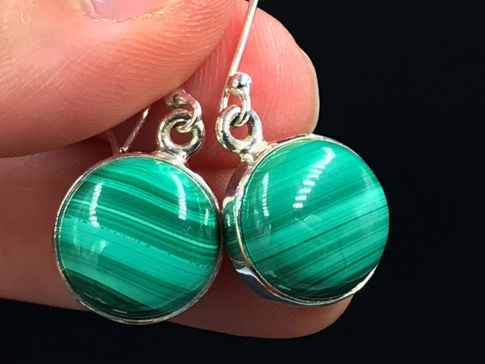 Rock, Crystal, Natural, Jewelry, Sterling: Malachite in sterling silver ear rings