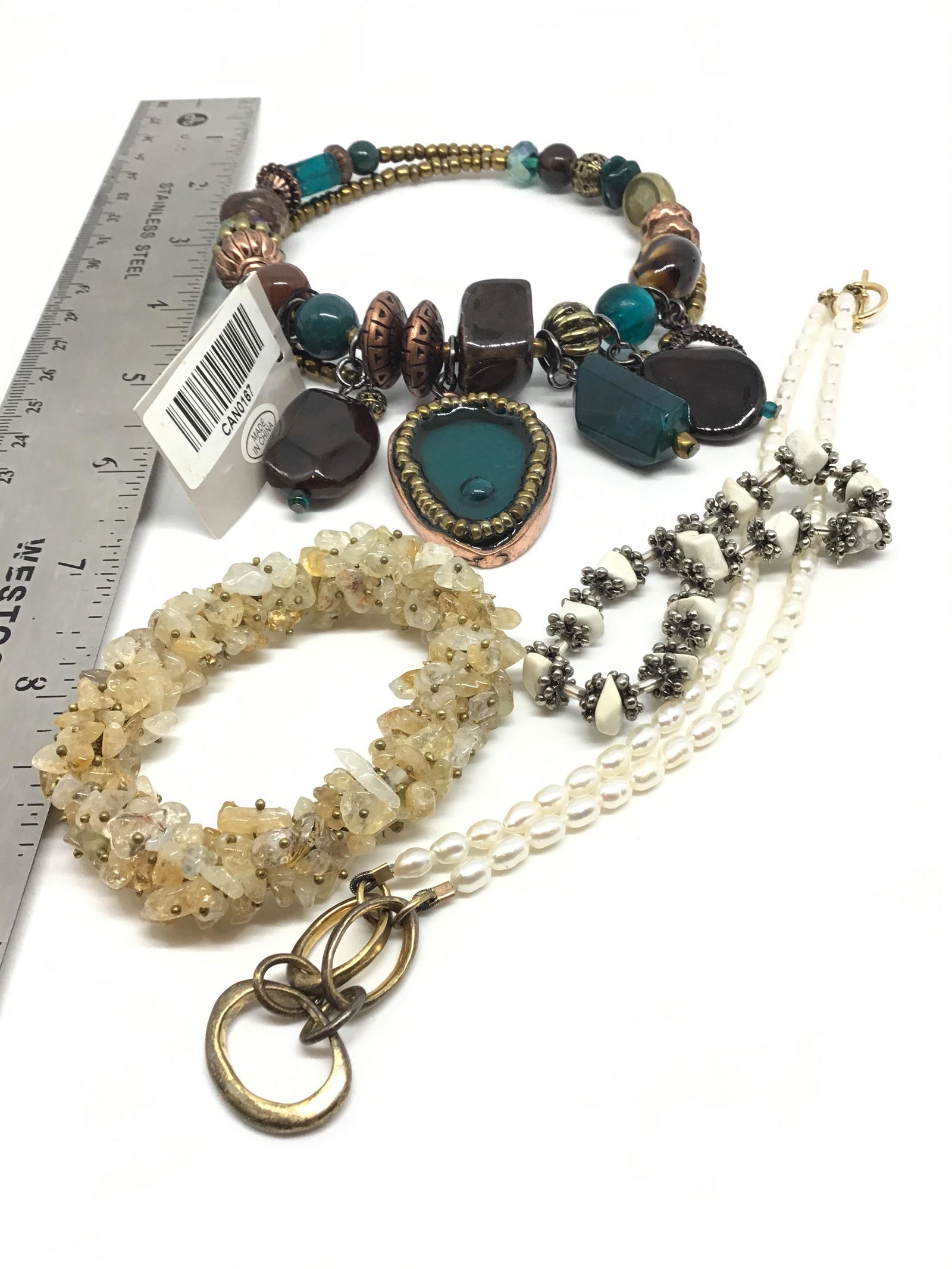 Treska Necklace & misc: Treska Necklace, "Pearl" necklace, 2 stretchy bead bracelets