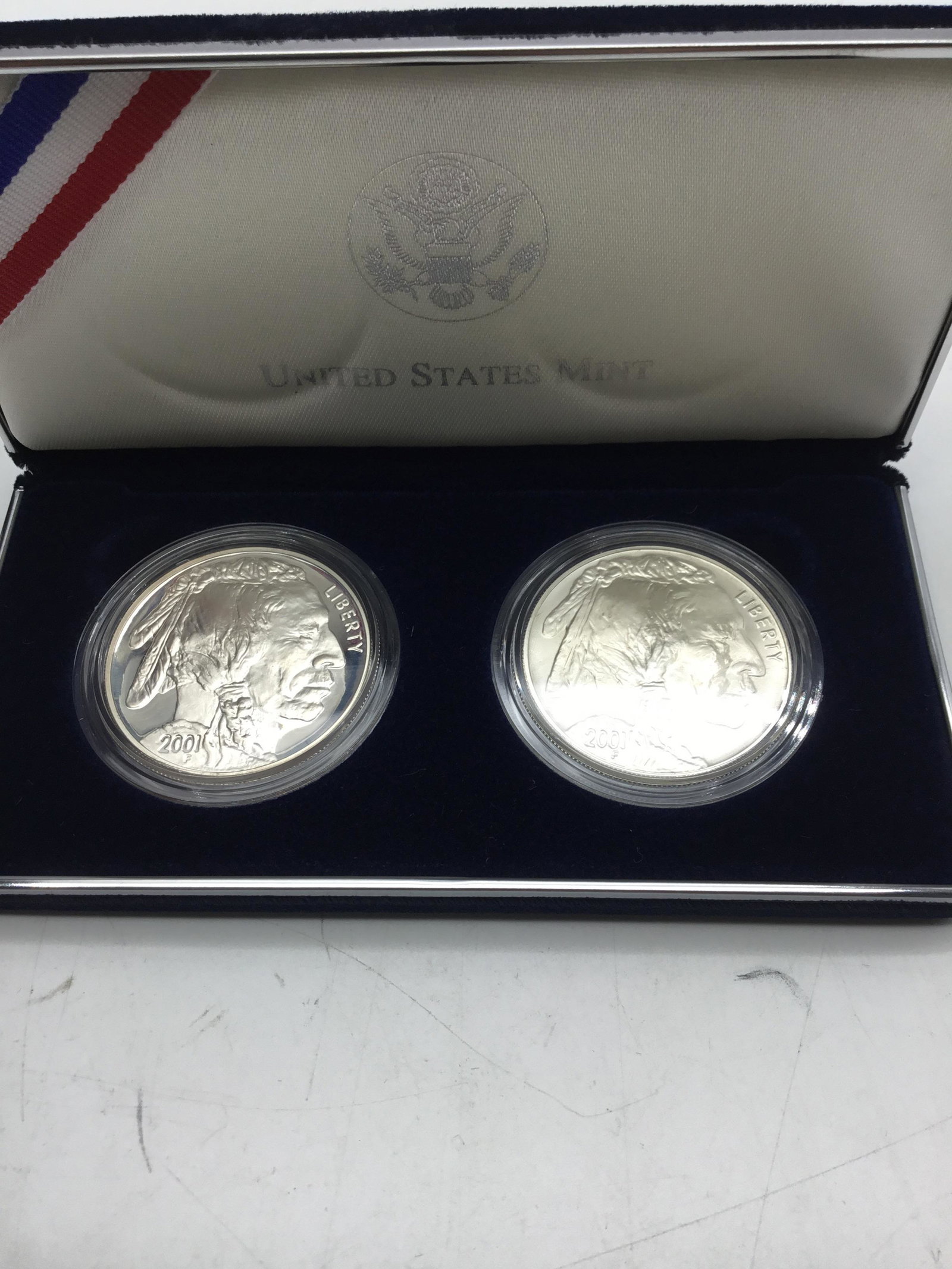2001, 2 American Buffalo Commemorative Coins: 2001, 2 American Buffalo Commemorative Coins, 90% silver, one dollar coins