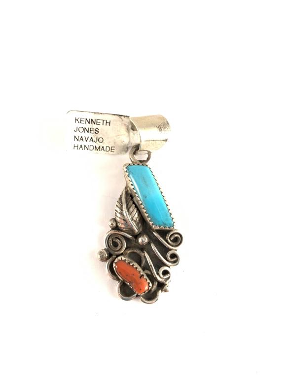 Coral and turquoise pendant: Kenneth Jones Navajo Handmade