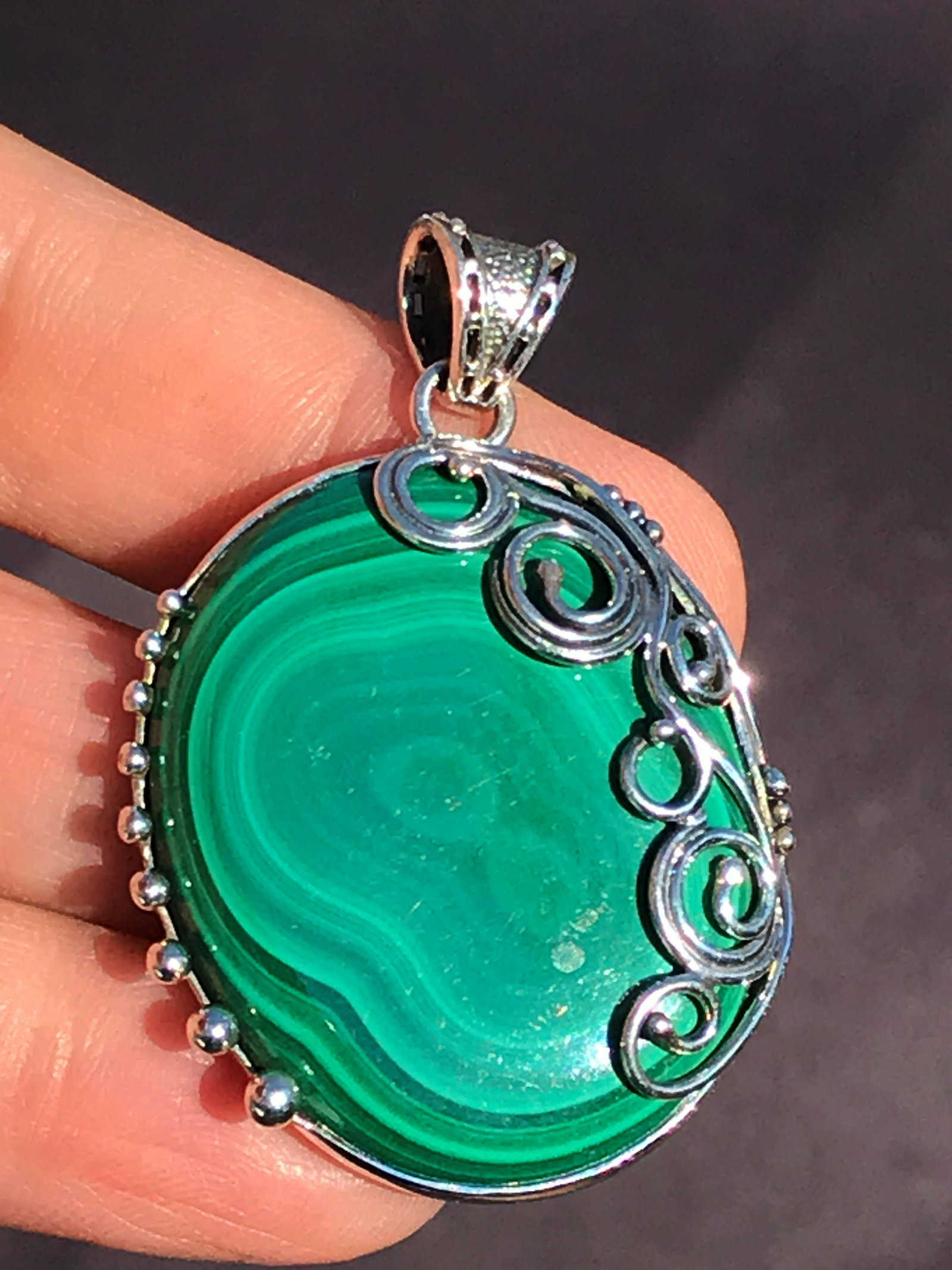 Rock, Crystal, Natural, Jewelry, Sterling: Malachite in sterling silver pendant