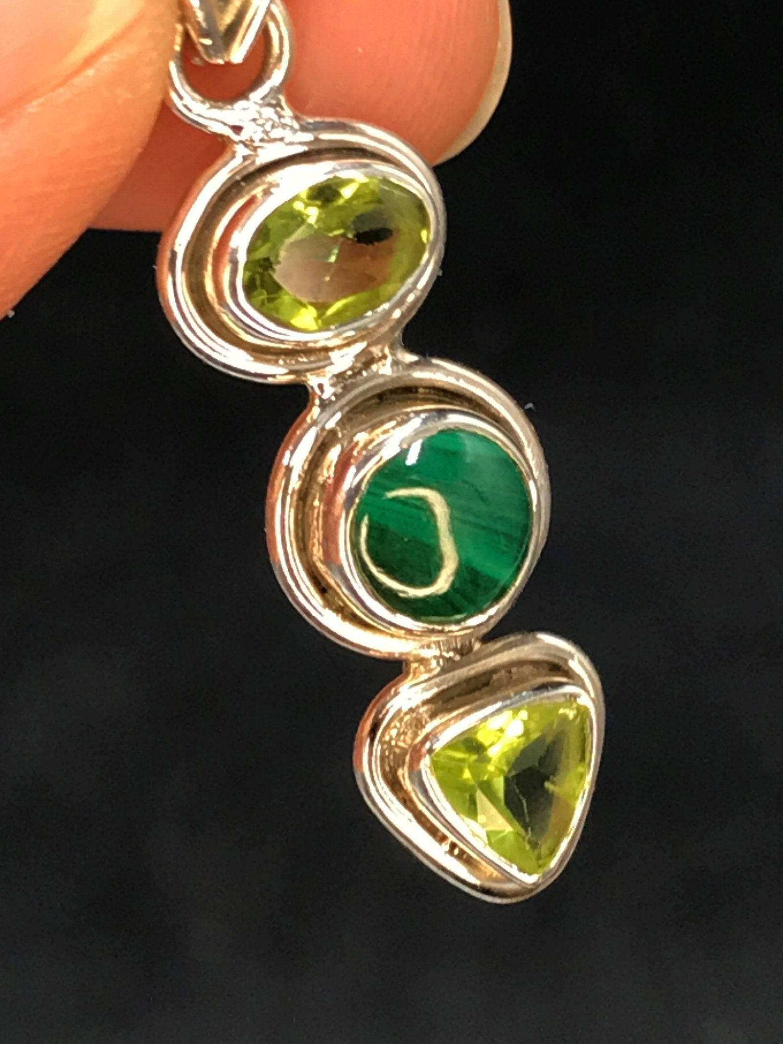 Rock, Crystal, Natural, Jewelry, Sterling: Peridot and malachite in sterling silver pendant