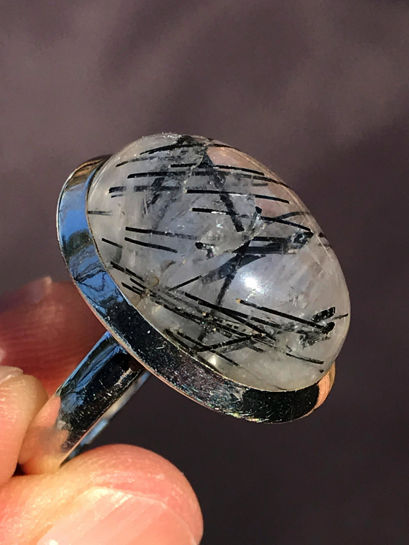 Rock, Crystal, Natural, Jewelry, Sterling: Quartz with black tourmaline in sterling silver ring. size 7