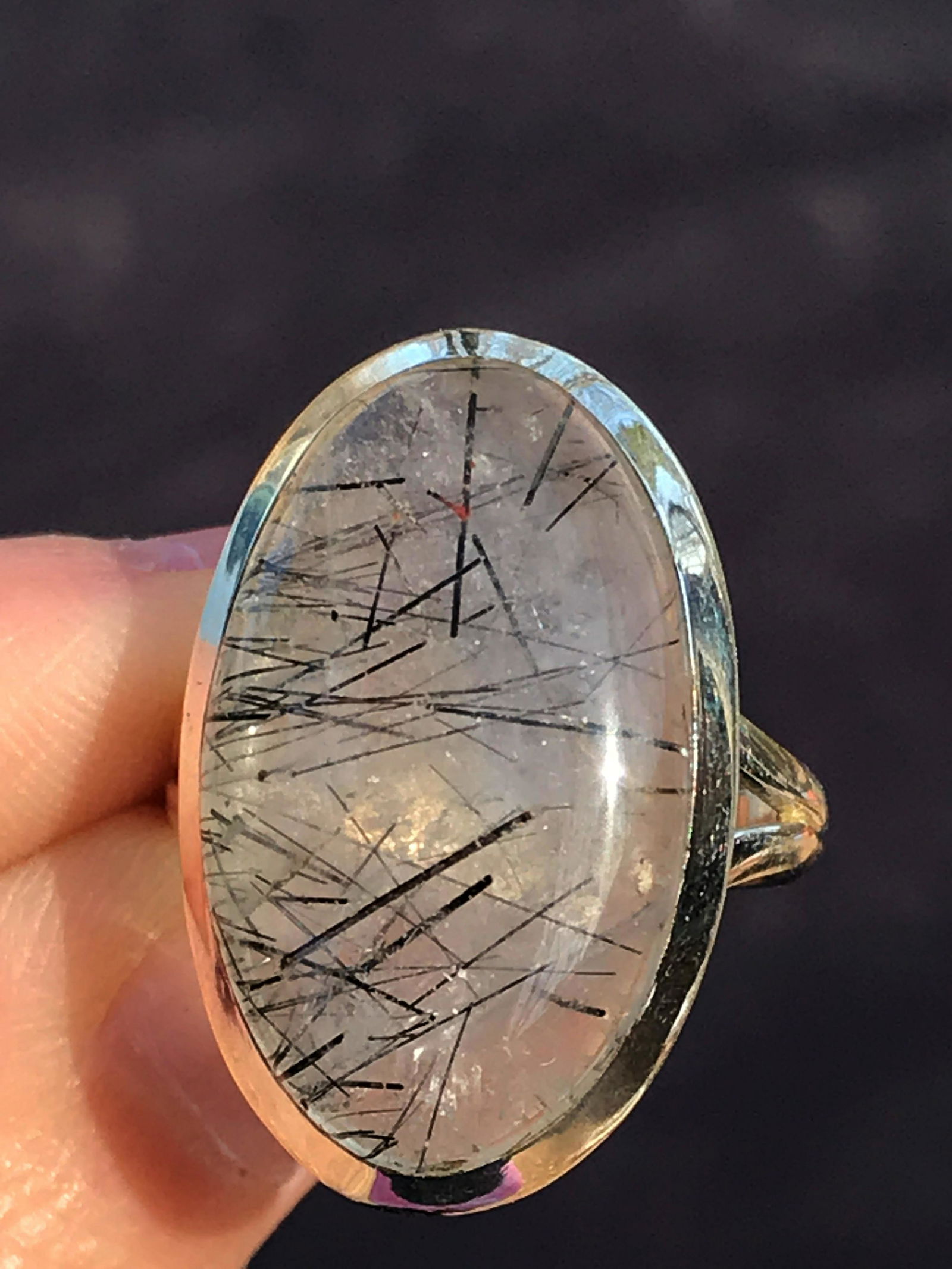 Rock, Crystal, Natural, Jewelry, Sterling: Quartz with black tourmaline in sterling silver ring. Size 9.5