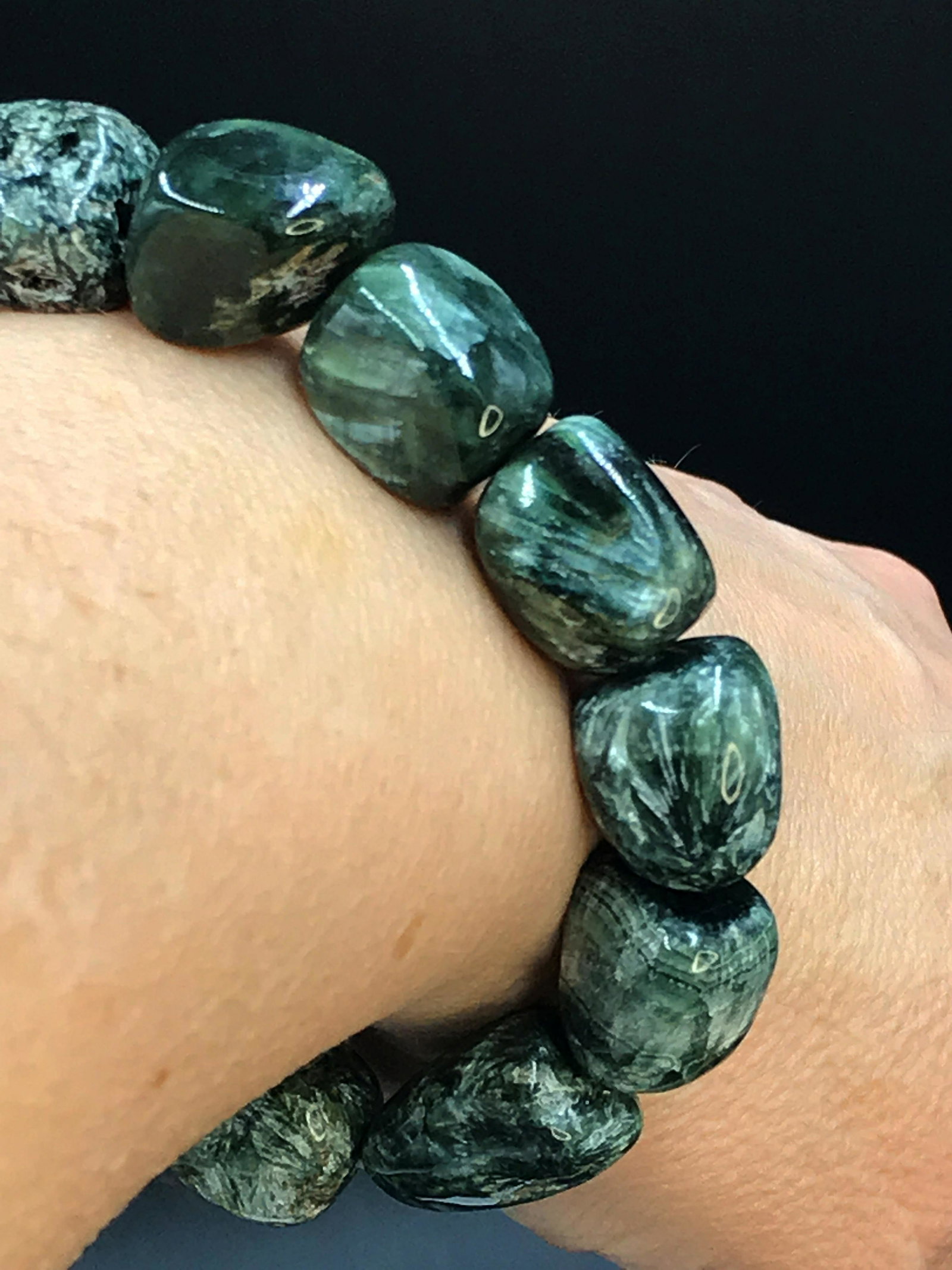 Rock, Crystal, Natural, Jewelry, Bead: Seraphinite beads on stretch-bracelet. Russia