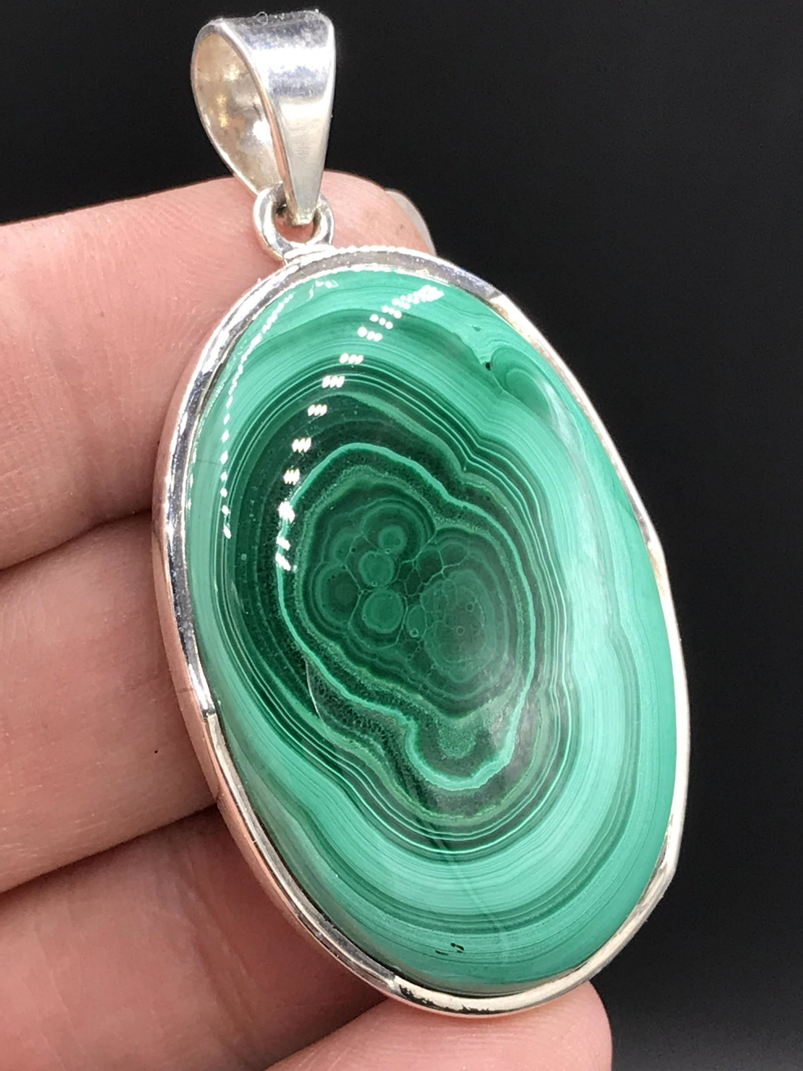 Rock, Crystal, Natural, Jewelry, Sterling: Malachite Pendant Republic of Congo .923 Sterling Silver