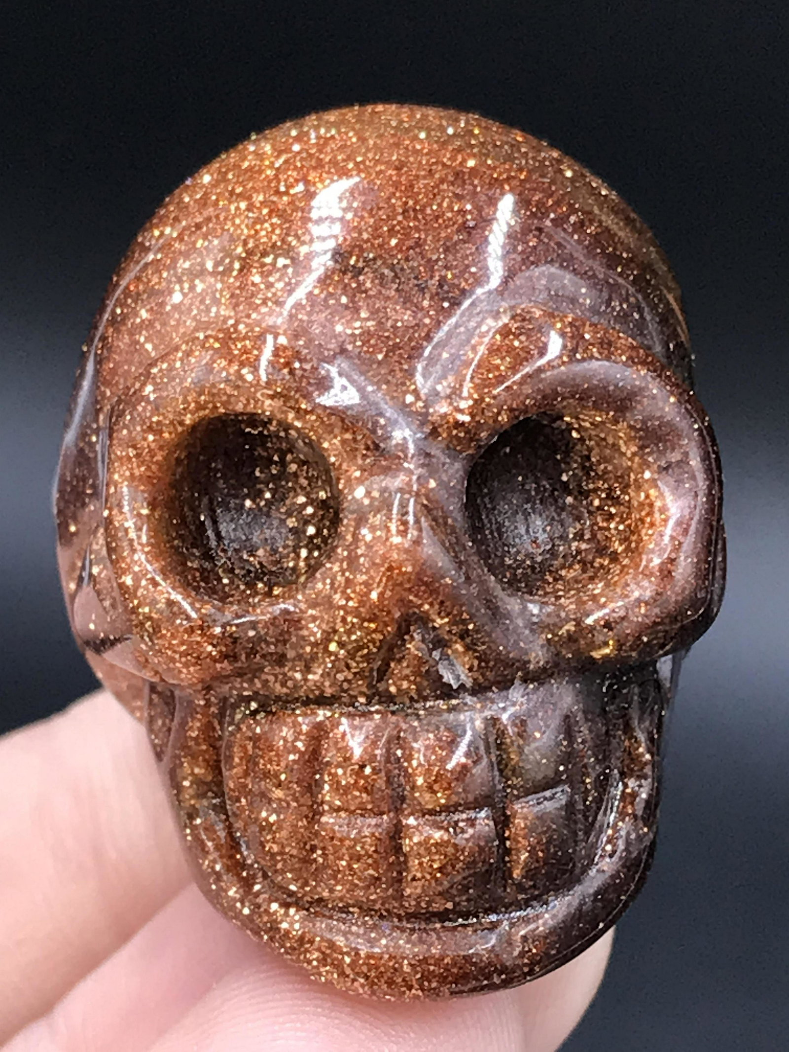 Quartz, Rock, Crystal, Natural, Collectible, Carving,: Goldstone Glass Skull Italy 1.5"